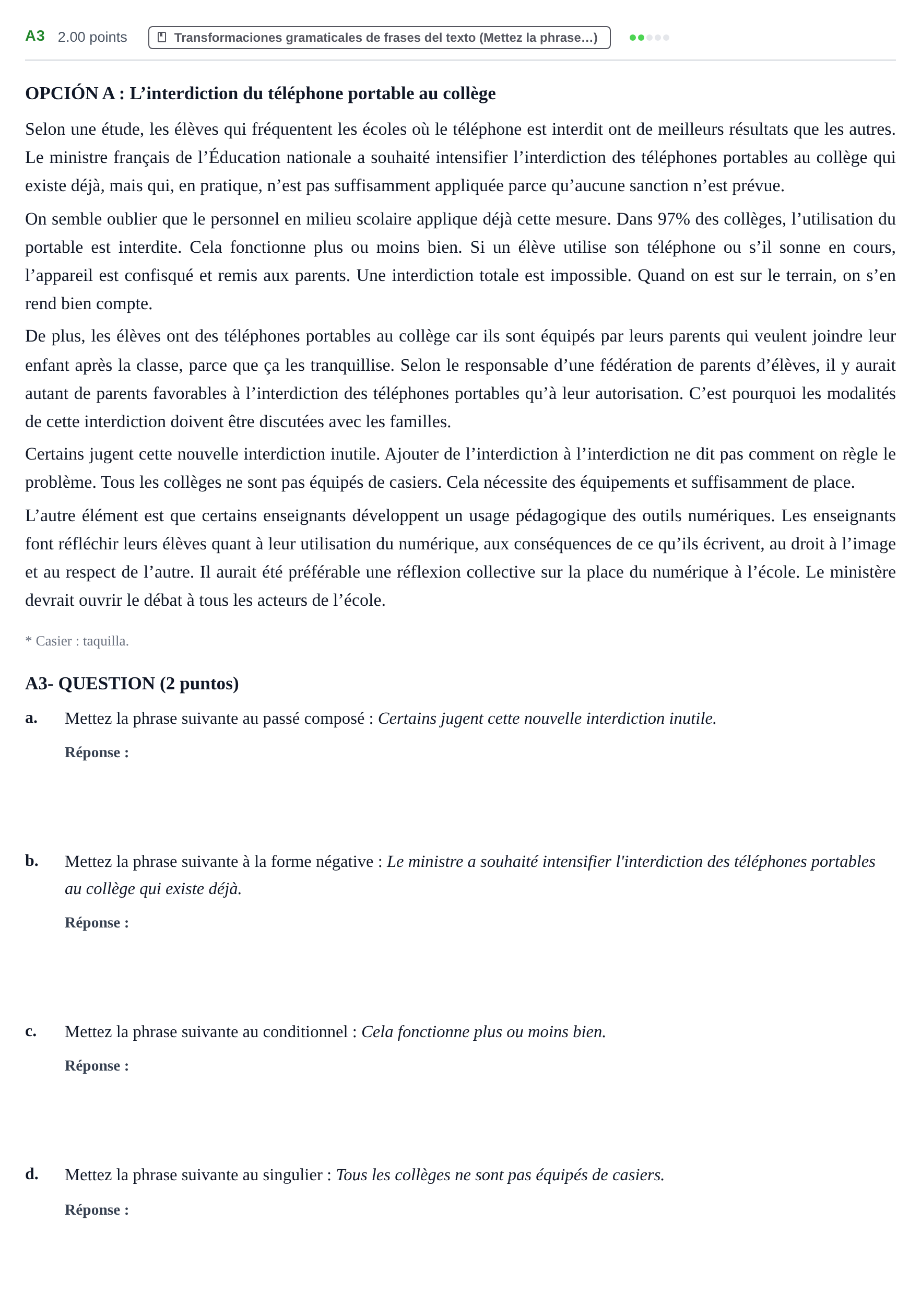 Enunciado: Ejercicio A3 · Francés PAU Castilla y León Extraordinaria 2022