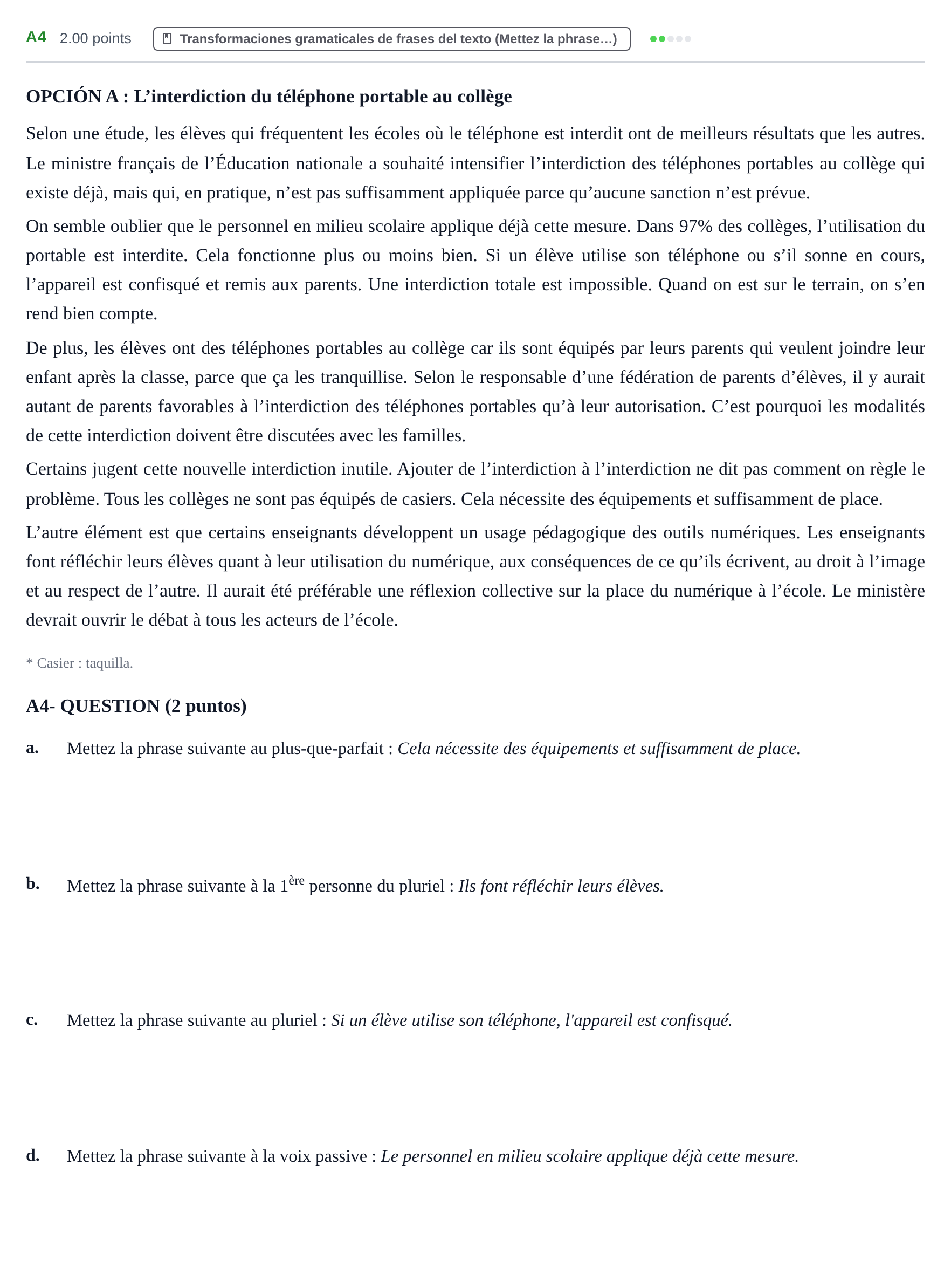 Enunciado: Ejercicio A4 · Francés PAU Castilla y León Extraordinaria 2022