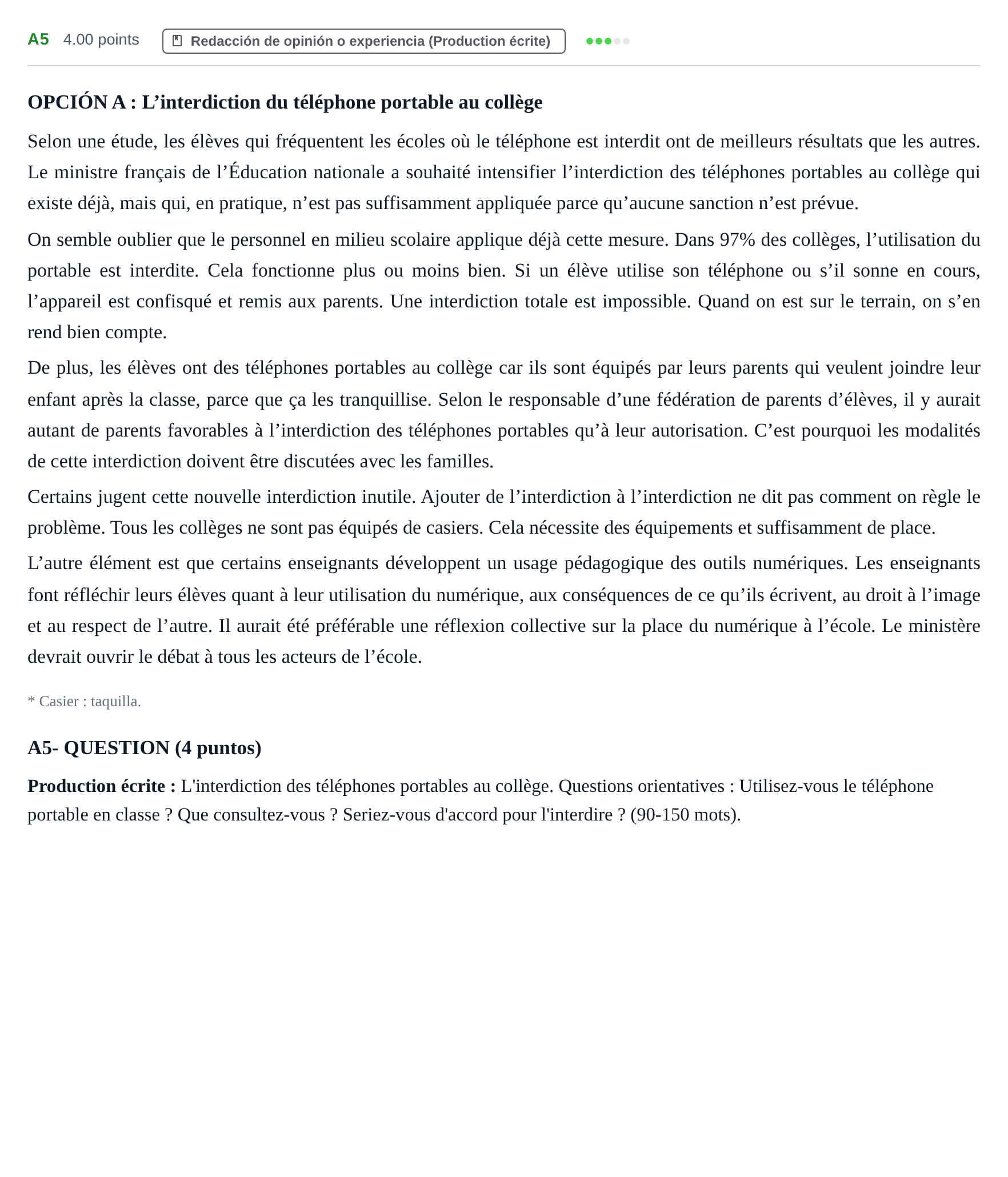 Enunciado: Ejercicio A5 · Francés PAU Castilla y León Extraordinaria 2022