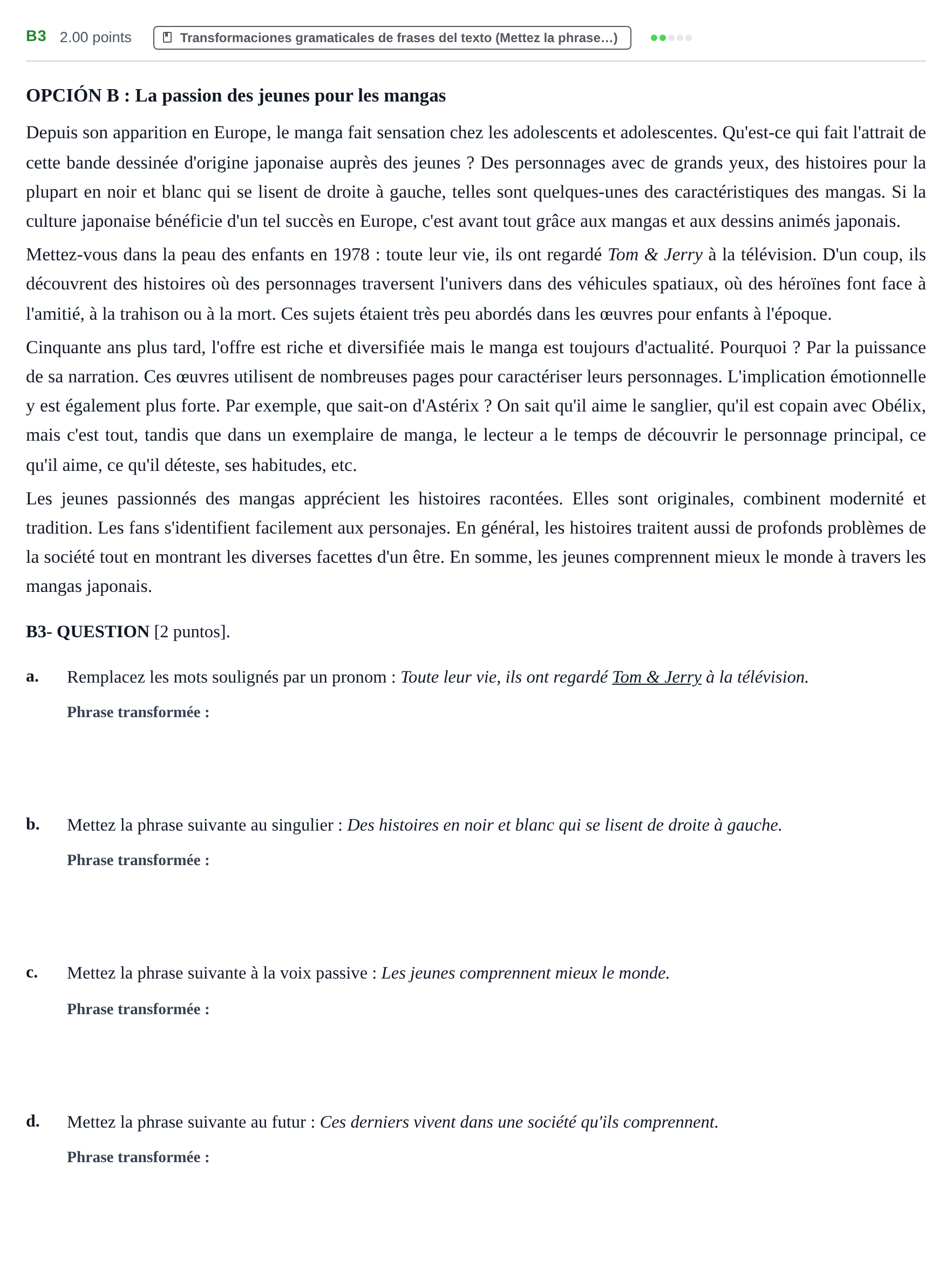 Enunciado: Ejercicio B3 · Francés PAU Castilla y León Extraordinaria 2022