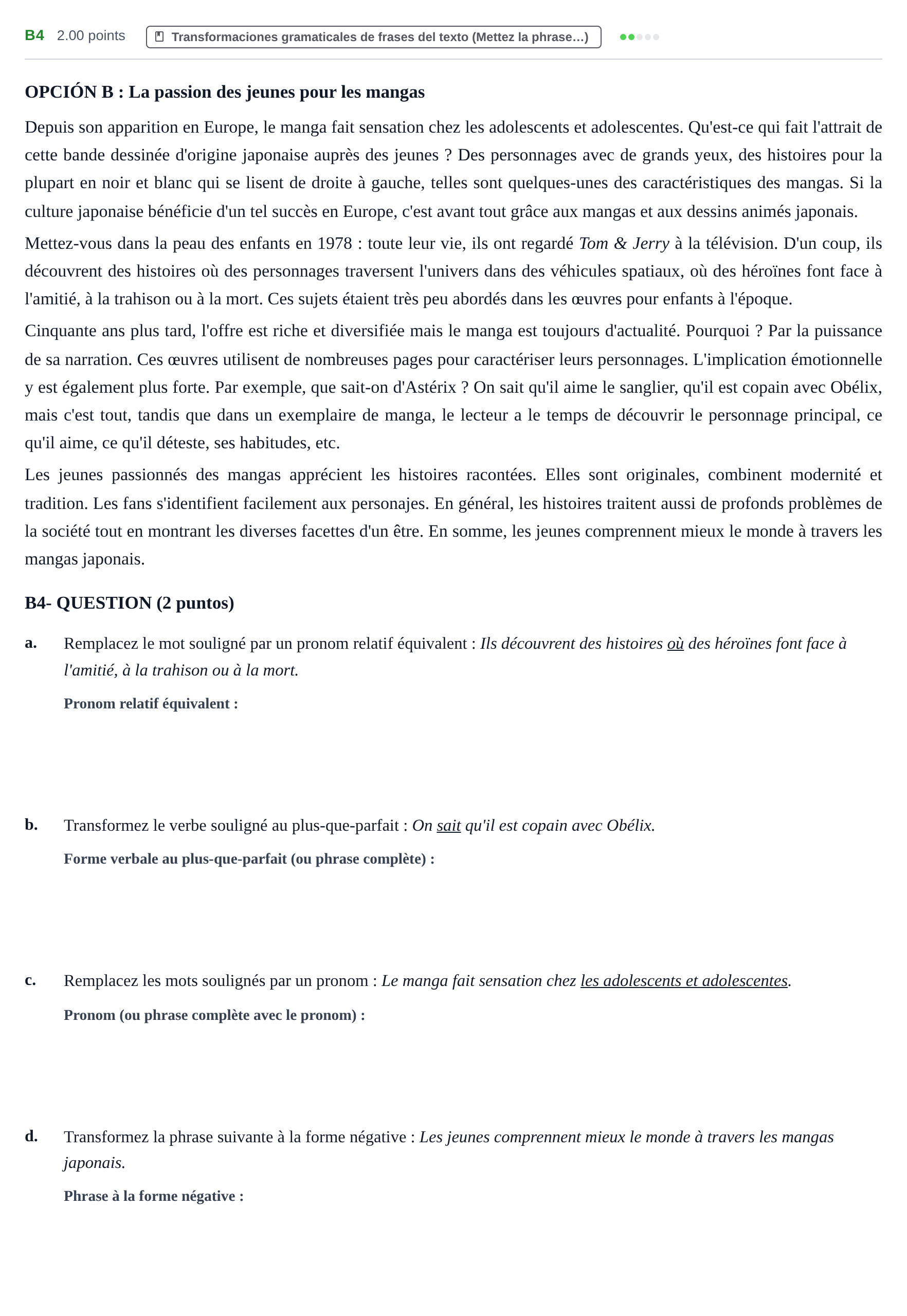 Enunciado: Ejercicio B4 · Francés PAU Castilla y León Extraordinaria 2022