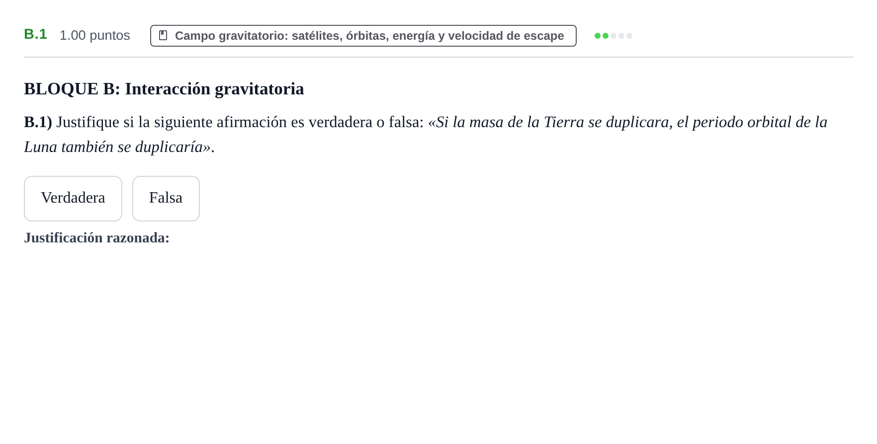 Enunciado: Ejercicio B.1 · Física PAU Castilla y León Ordinaria 2022
