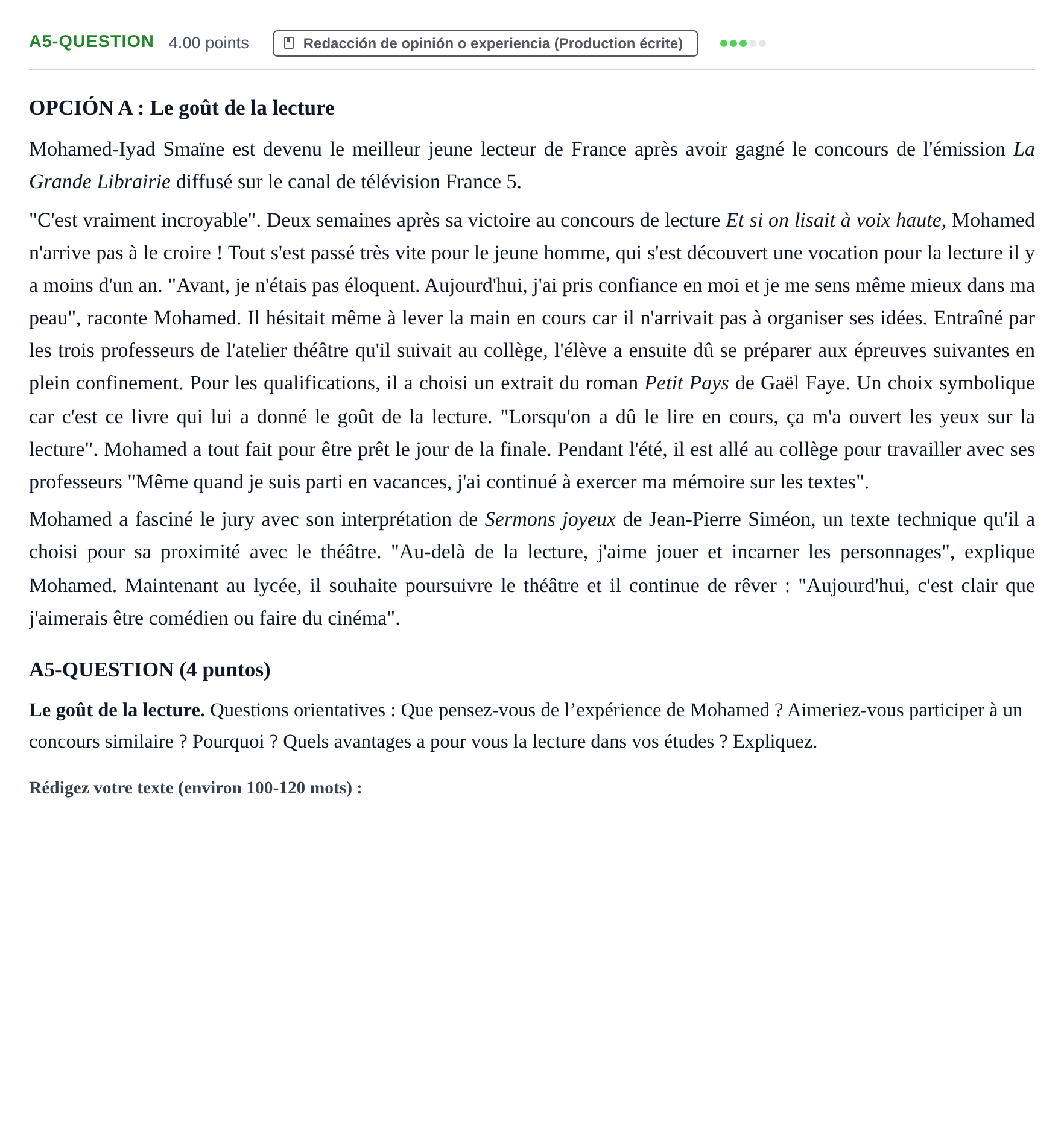 Enunciado: Ejercicio A5-QUESTION · Francés PAU Castilla y León Extraordinaria (Fase Mejora de Nota) 2022