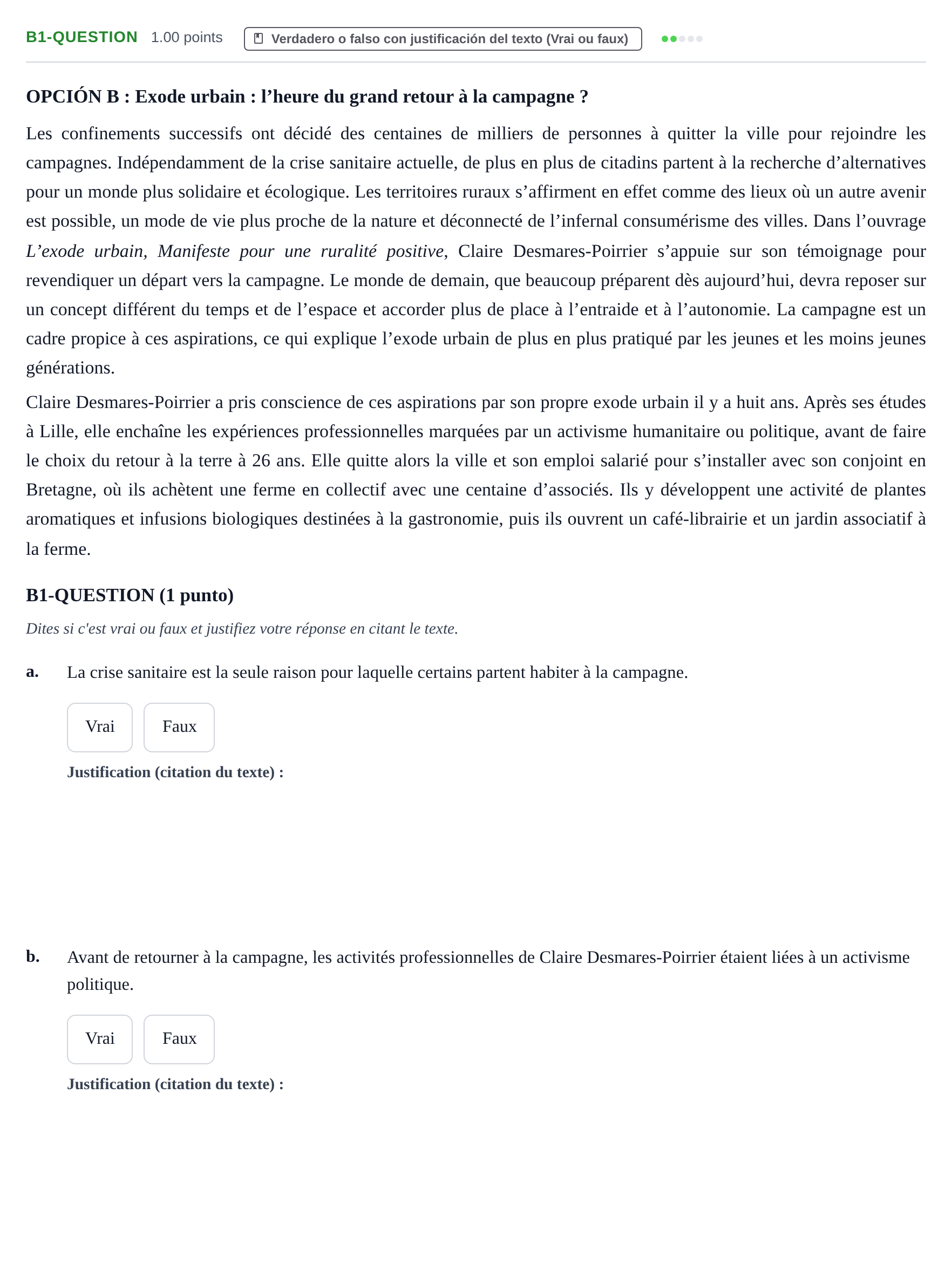 Enunciado: Ejercicio B1-QUESTION · Francés PAU Castilla y León Extraordinaria (Fase Mejora de Nota) 2022