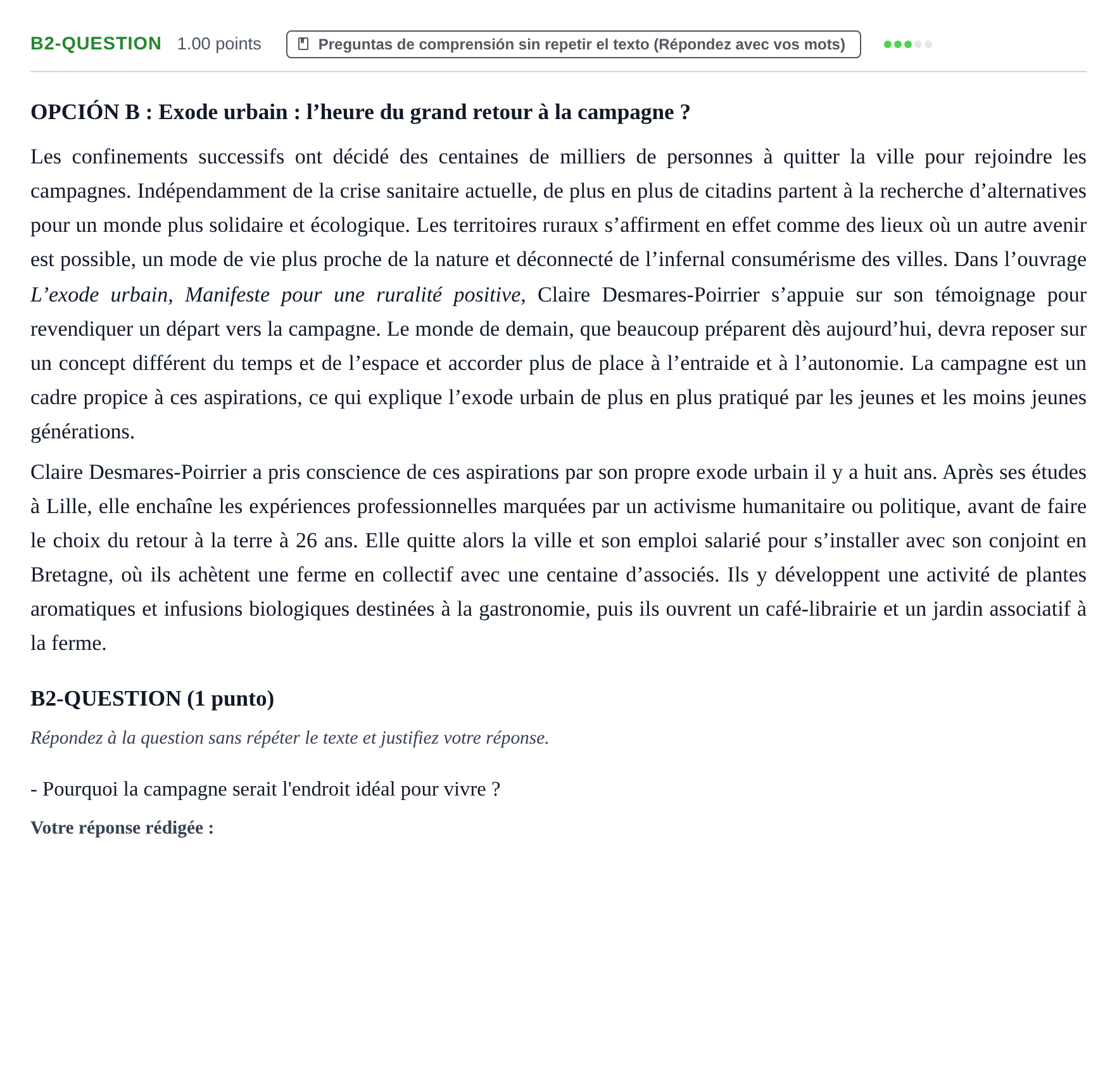 Enunciado: Ejercicio B2-QUESTION · Francés PAU Castilla y León Extraordinaria (Fase Mejora de Nota) 2022