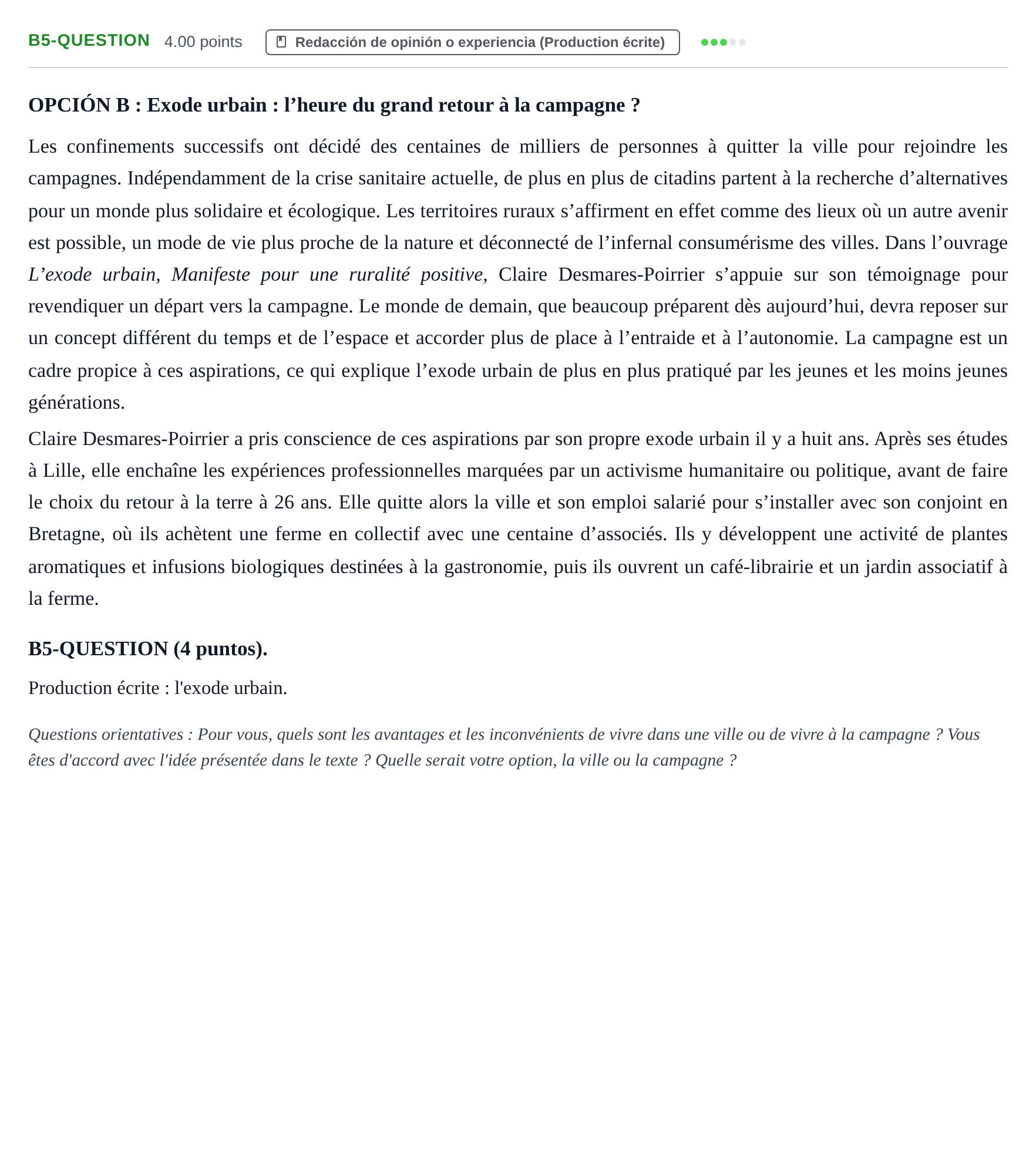 Enunciado: Ejercicio B5-QUESTION · Francés PAU Castilla y León Extraordinaria (Fase Mejora de Nota) 2022