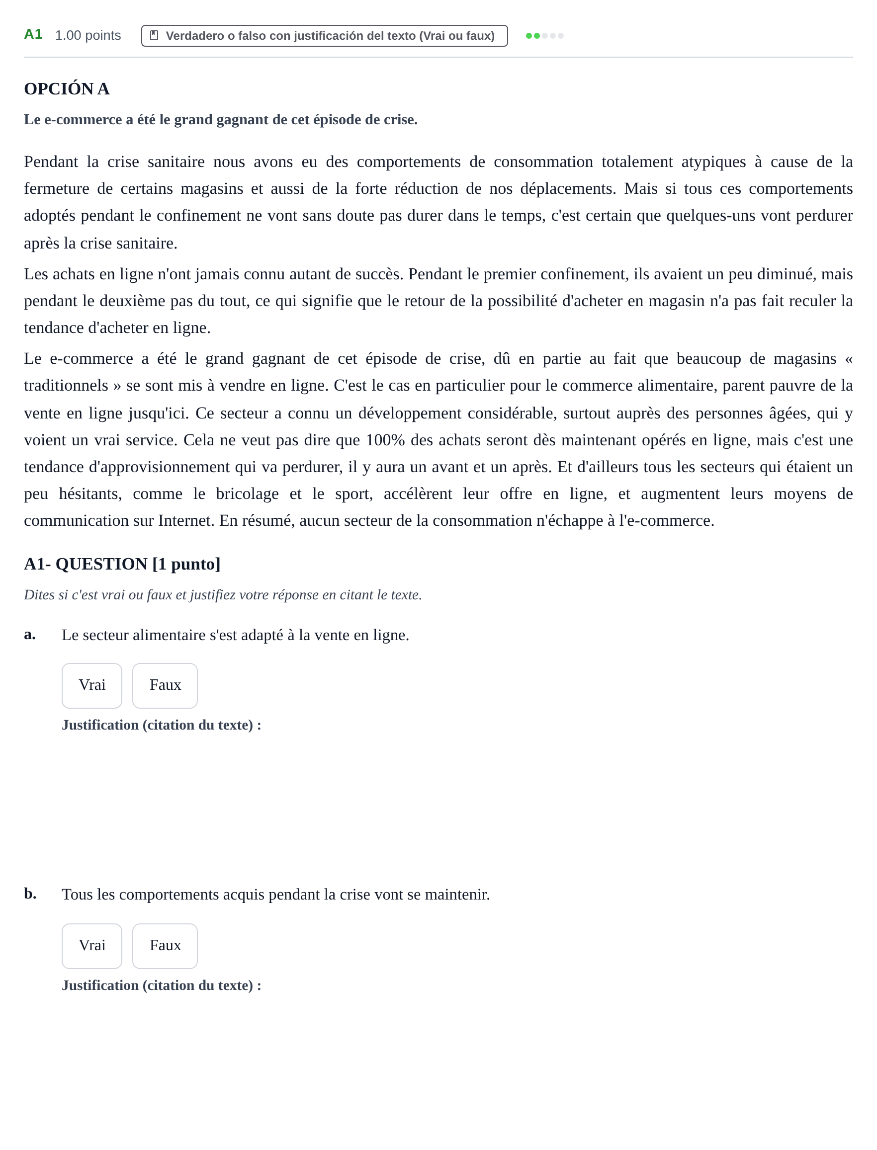 Enunciado: Ejercicio A1 · Francés PAU Castilla y León Ordinaria (Fase Mejora de Nota) 2022