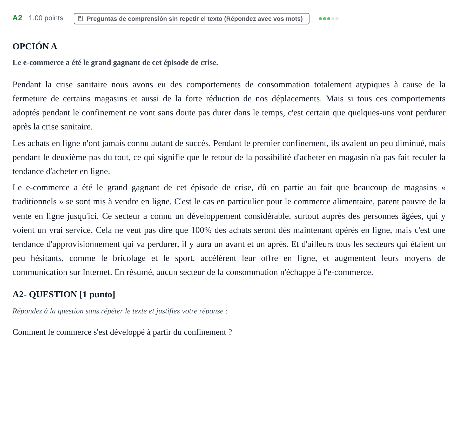 Enunciado: Ejercicio A2 · Francés PAU Castilla y León Ordinaria (Fase Mejora de Nota) 2022