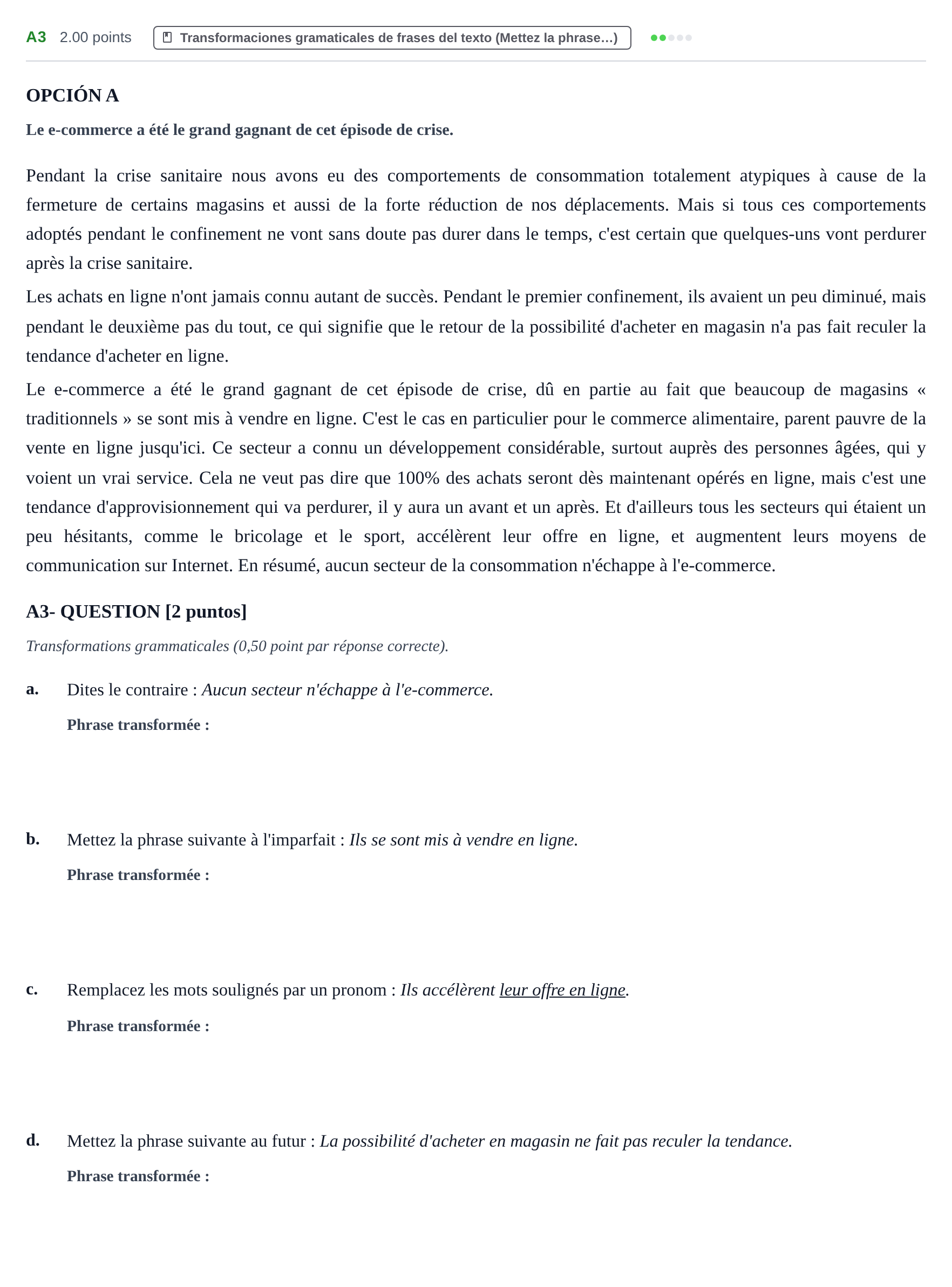 Enunciado: Ejercicio A3 · Francés PAU Castilla y León Ordinaria (Fase Mejora de Nota) 2022