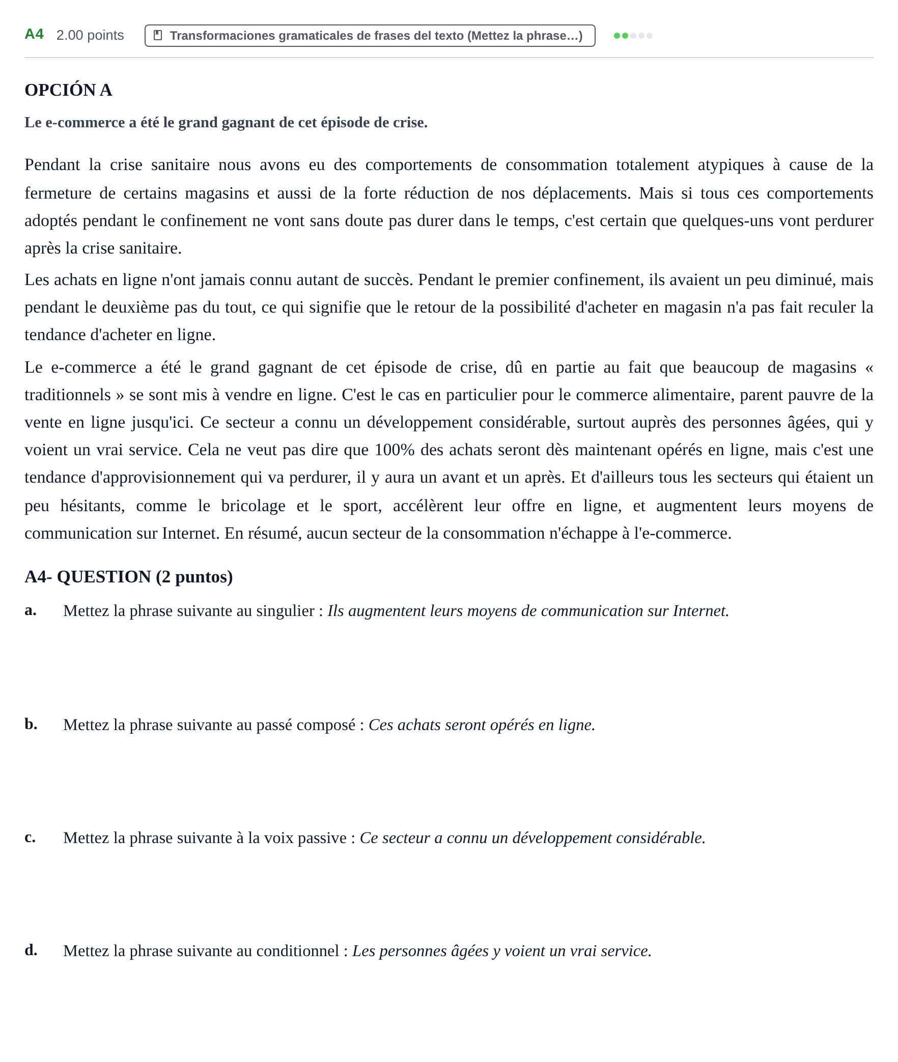 Enunciado: Ejercicio A4 · Francés PAU Castilla y León Ordinaria (Fase Mejora de Nota) 2022