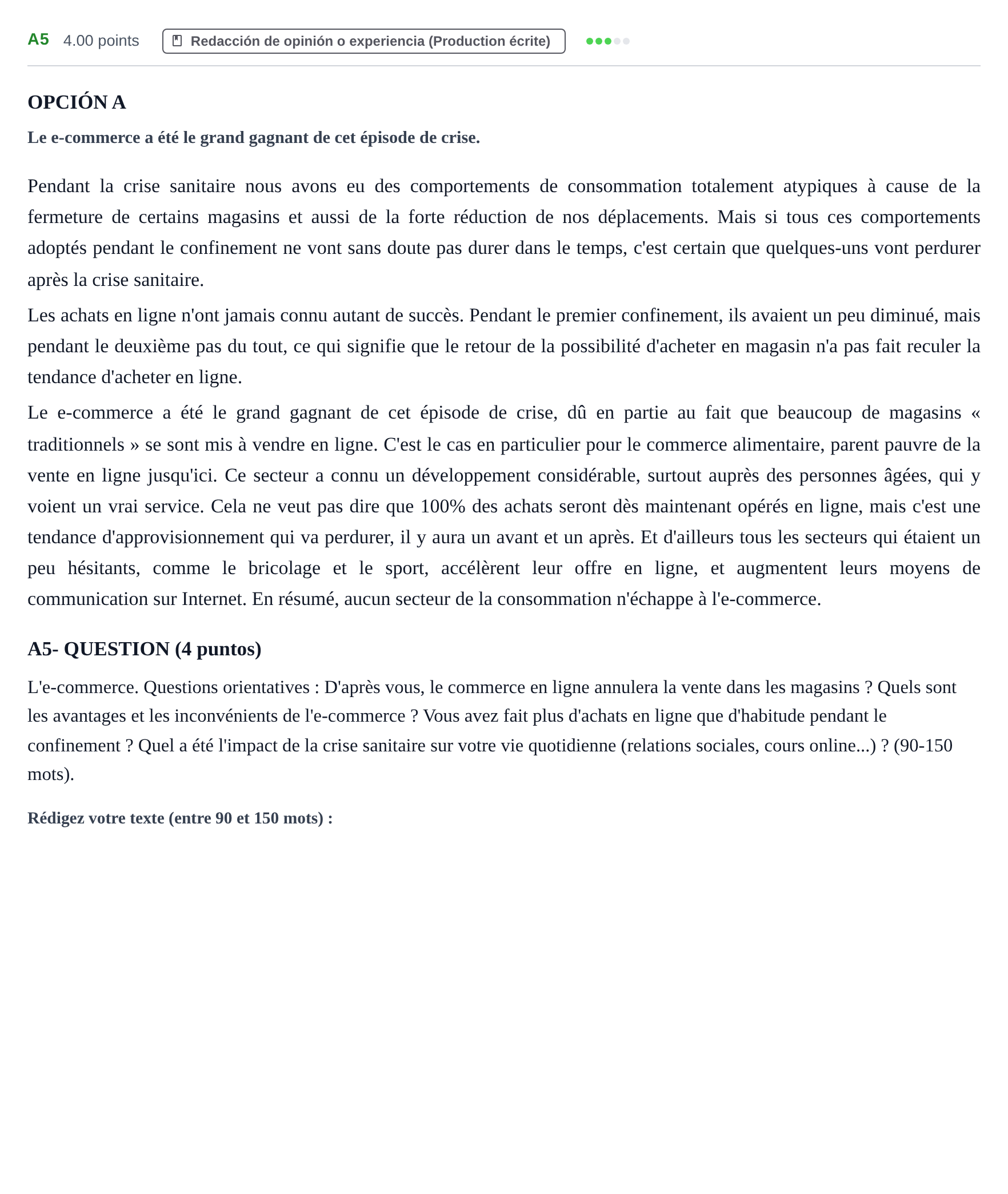 Enunciado: Ejercicio A5 · Francés PAU Castilla y León Ordinaria (Fase Mejora de Nota) 2022