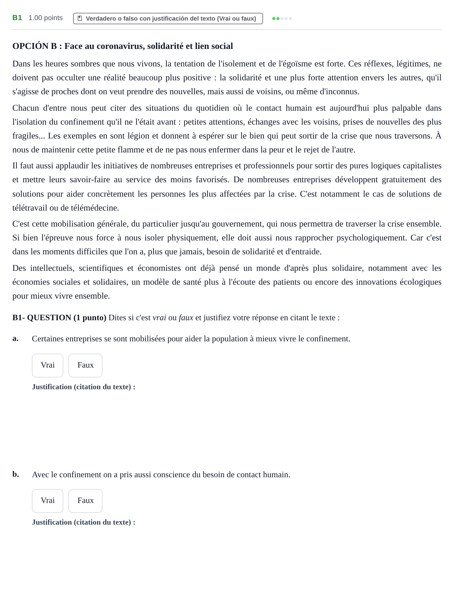 Enunciado: Ejercicio B1 · Francés PAU Castilla y León Ordinaria (Fase Mejora de Nota) 2022