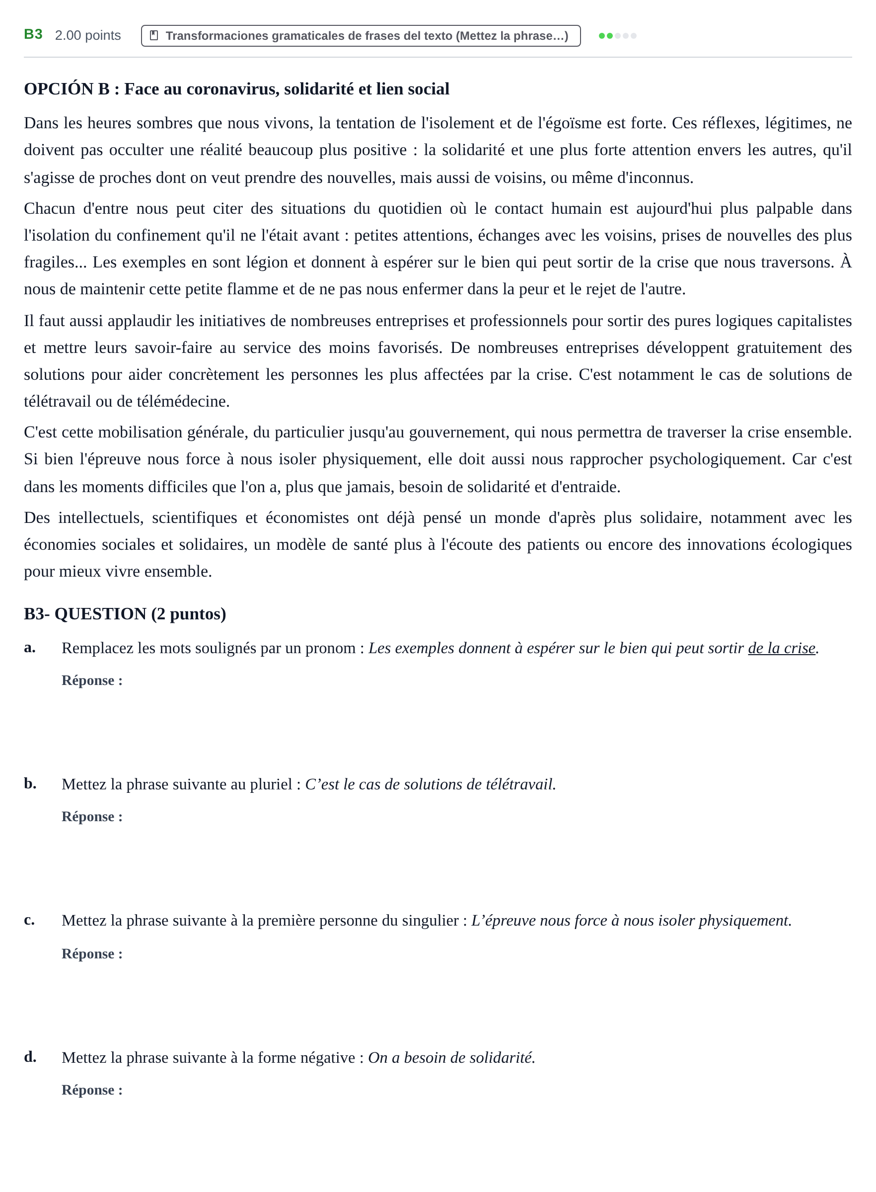 Enunciado: Ejercicio B3 · Francés PAU Castilla y León Ordinaria (Fase Mejora de Nota) 2022