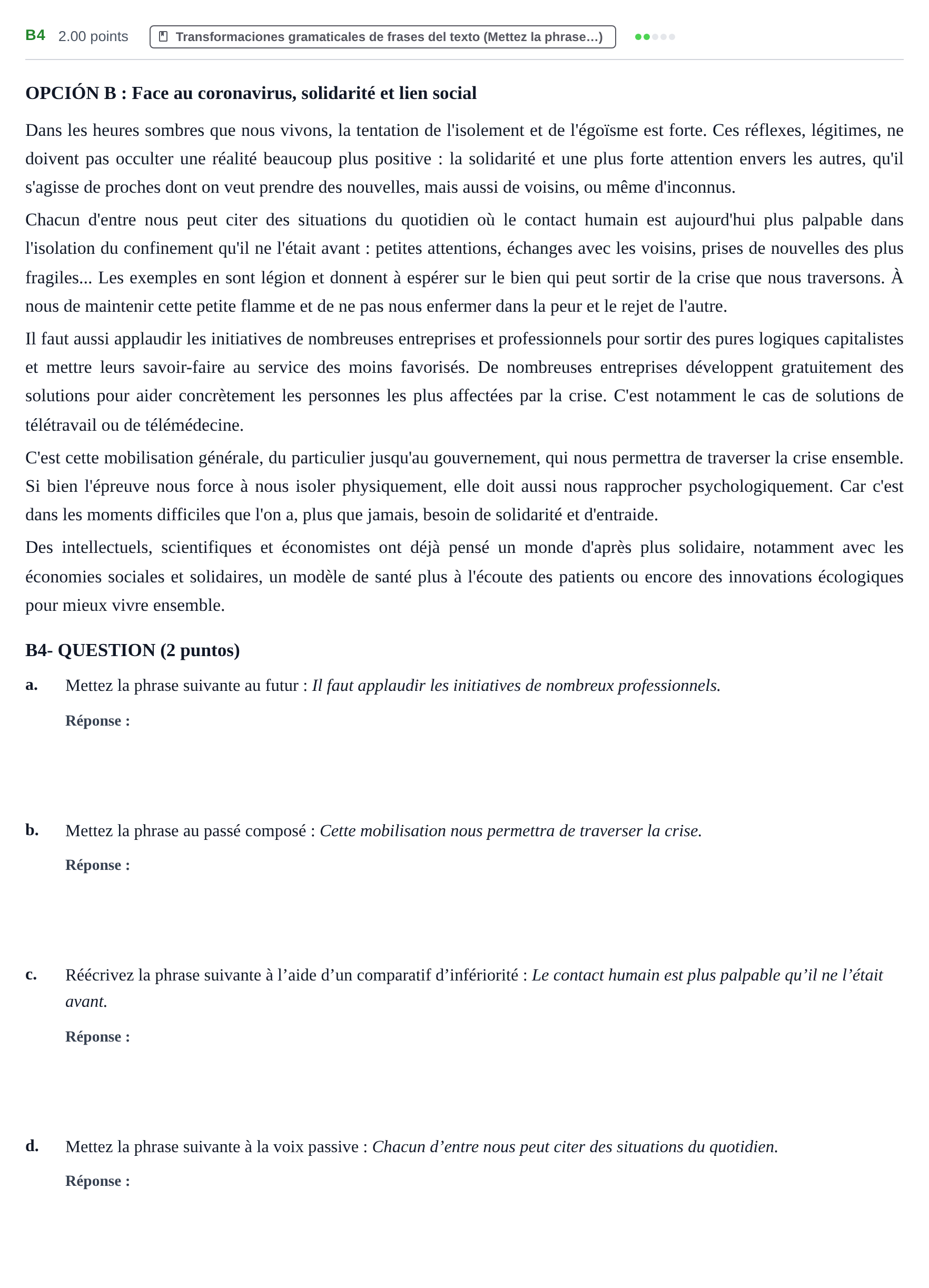 Enunciado: Ejercicio B4 · Francés PAU Castilla y León Ordinaria (Fase Mejora de Nota) 2022