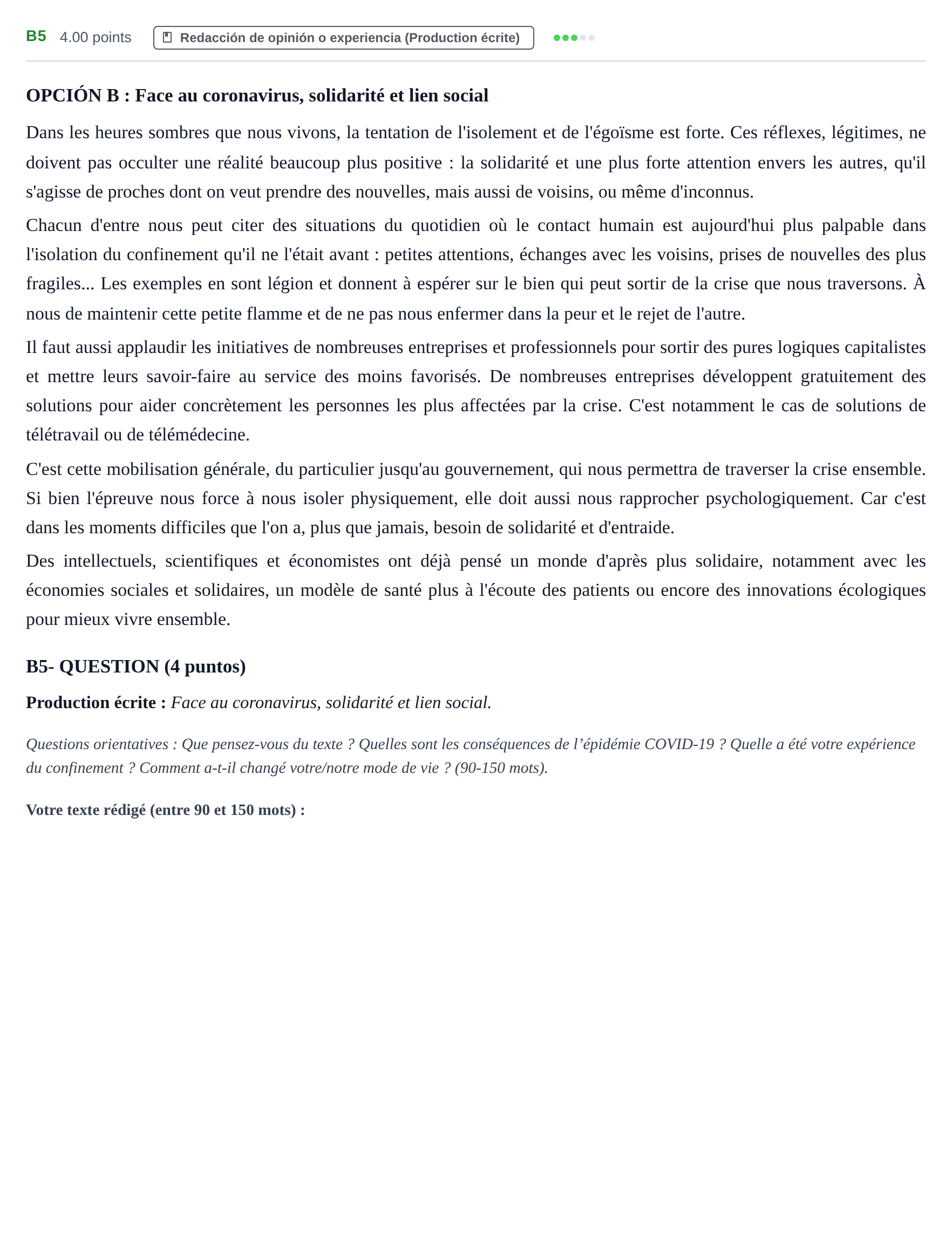 Enunciado: Ejercicio B5 · Francés PAU Castilla y León Ordinaria (Fase Mejora de Nota) 2022