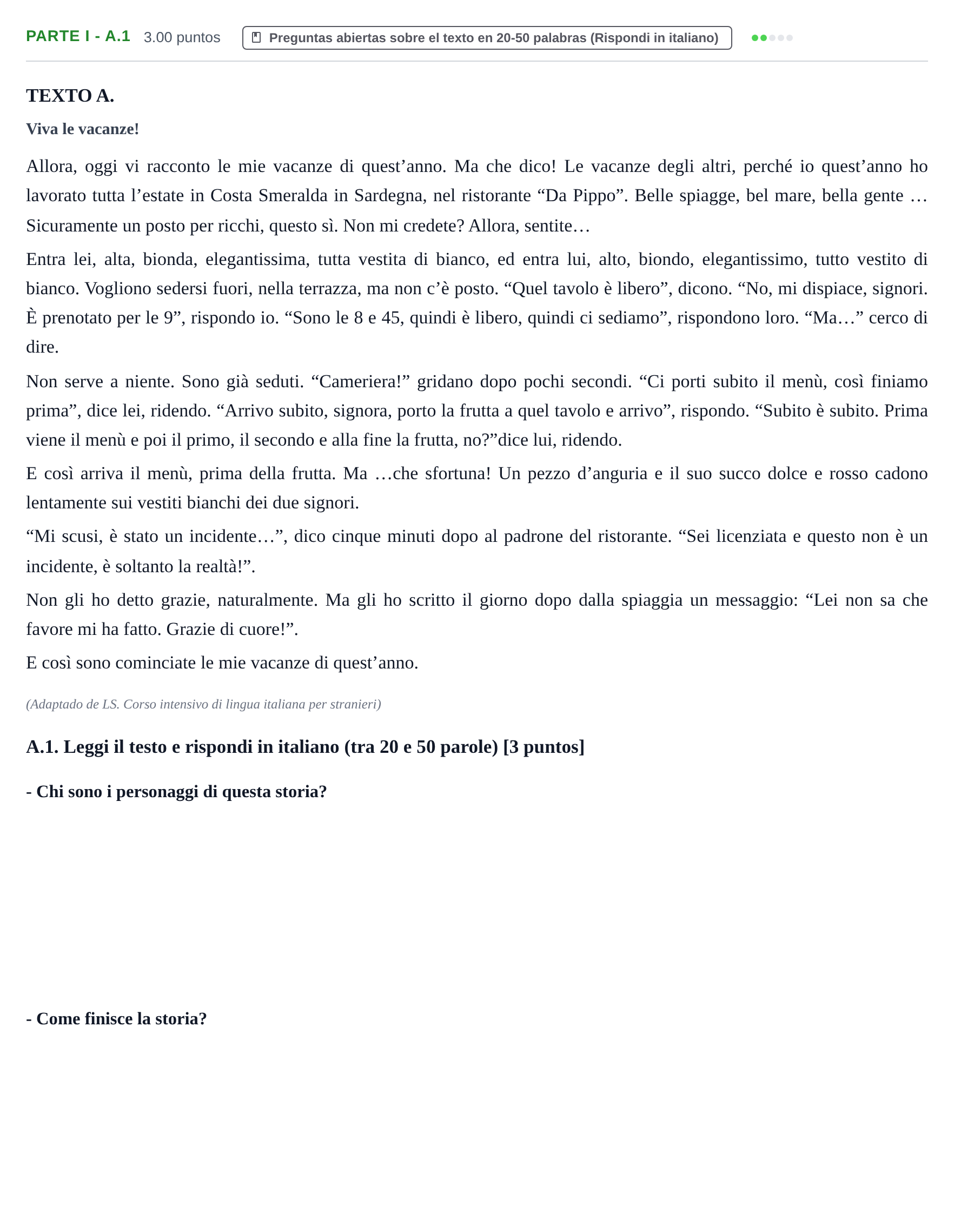 Enunciado: Ejercicio Parte I - A.1 · Italiano PAU Castilla y León Extraordinaria 2022