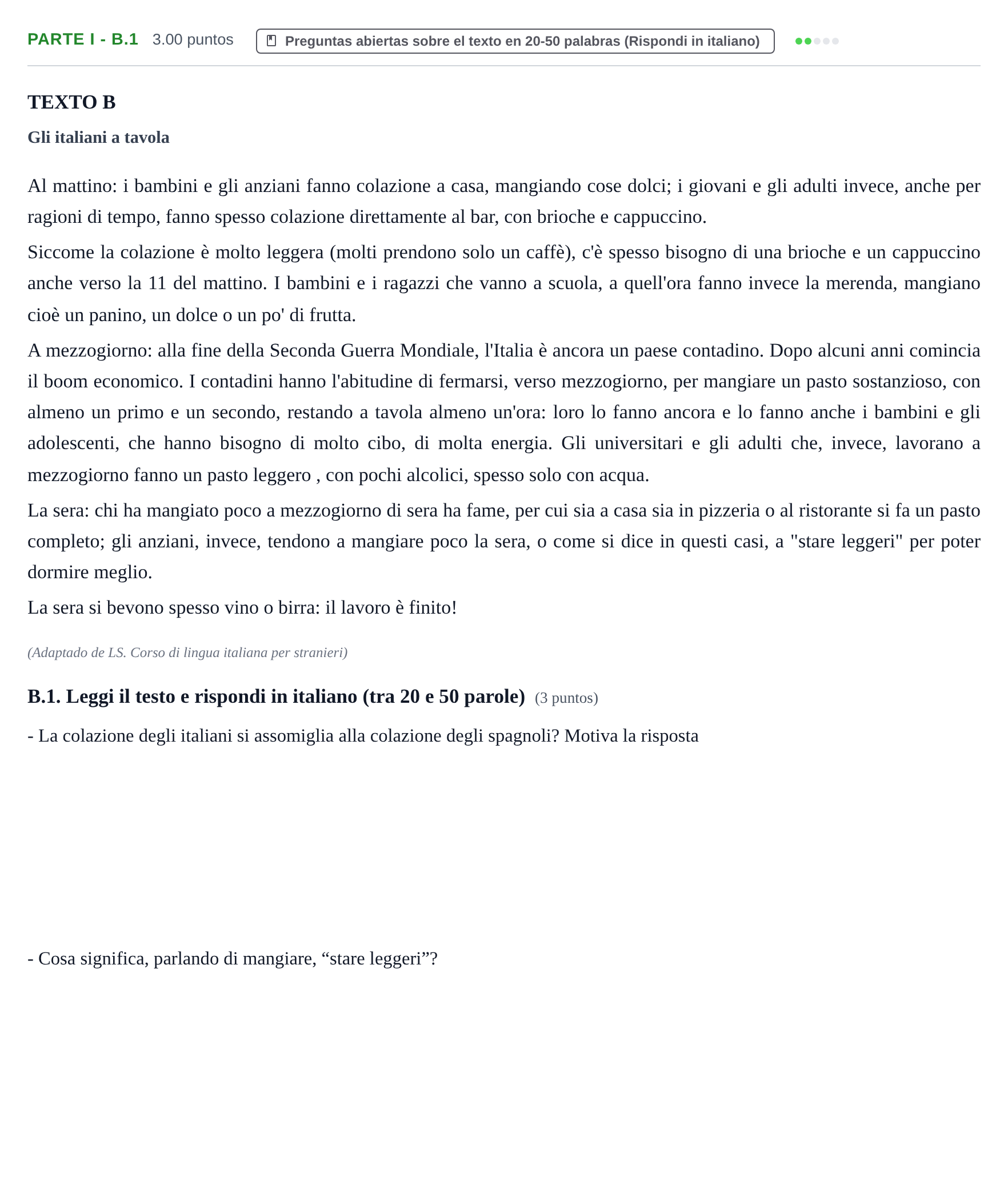 Enunciado: Ejercicio Parte I - B.1 · Italiano PAU Castilla y León Extraordinaria 2022