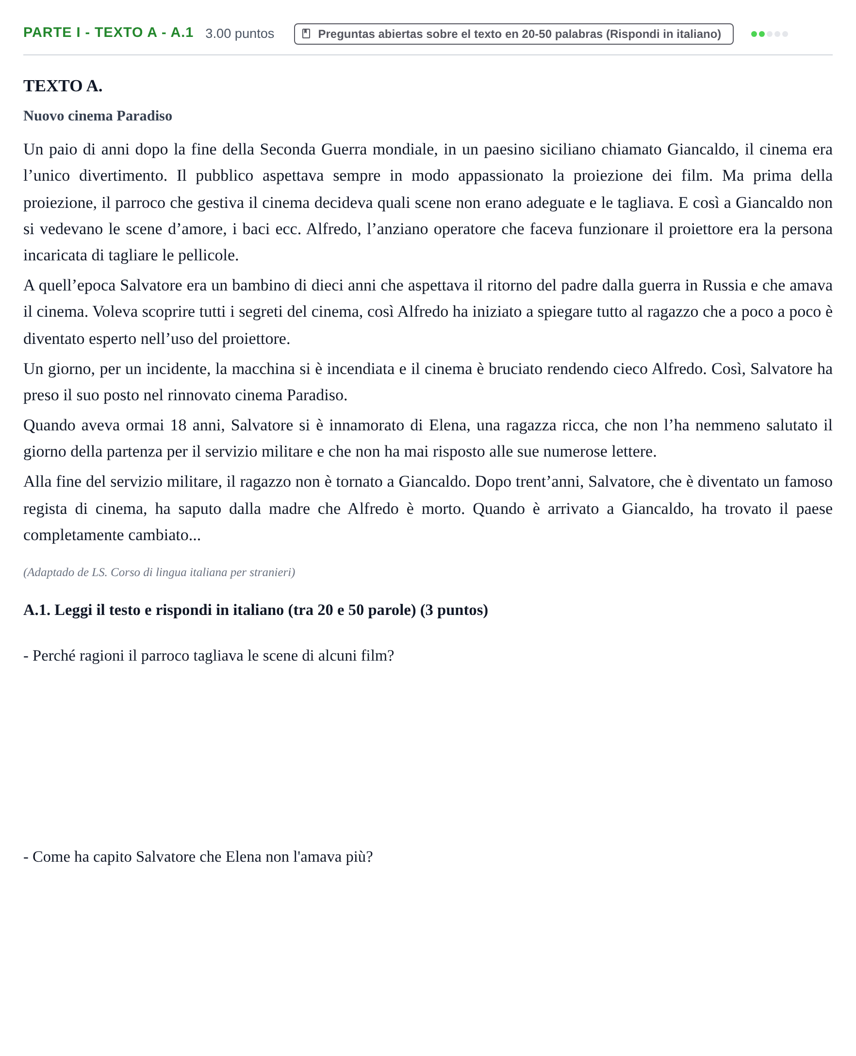 Enunciado: Ejercicio Parte I - Texto A - A.1 · Italiano PAU Castilla y León Ordinaria 2022