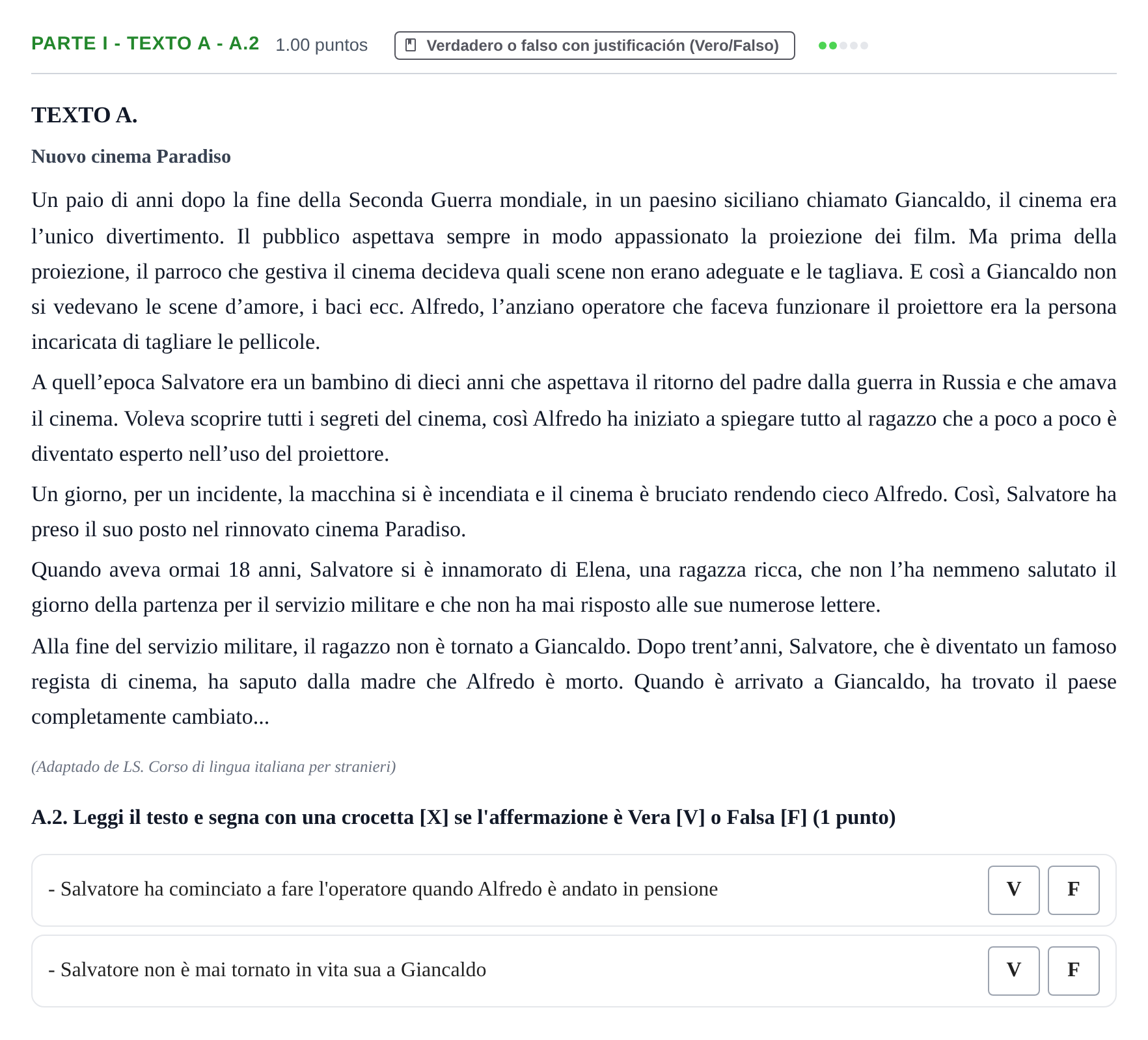 Enunciado: Ejercicio Parte I - Texto A - A.2 · Italiano PAU Castilla y León Ordinaria 2022