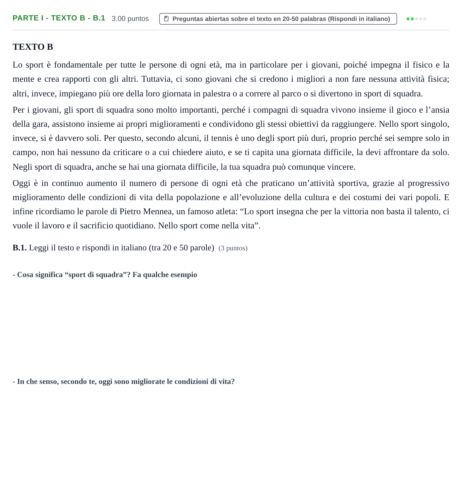 Enunciado: Ejercicio Parte I - Texto B - B.1 · Italiano PAU Castilla y León Ordinaria 2022