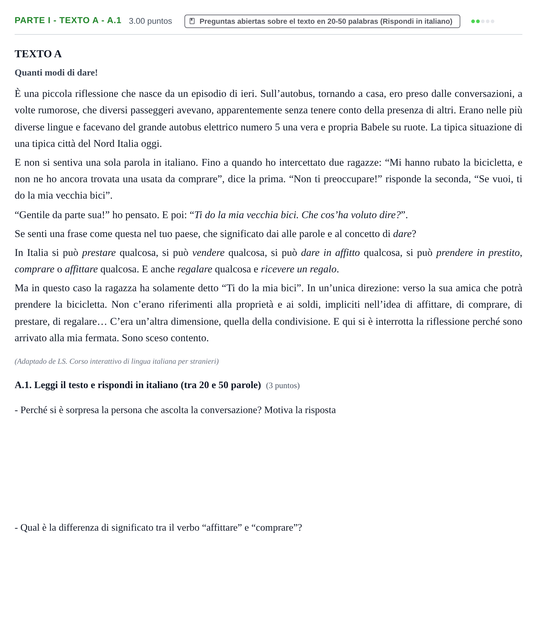 Enunciado: Ejercicio Parte I - Texto A - A.1 · Italiano PAU Castilla y León Extraordinaria (Fase Mejora de Nota) 2022
