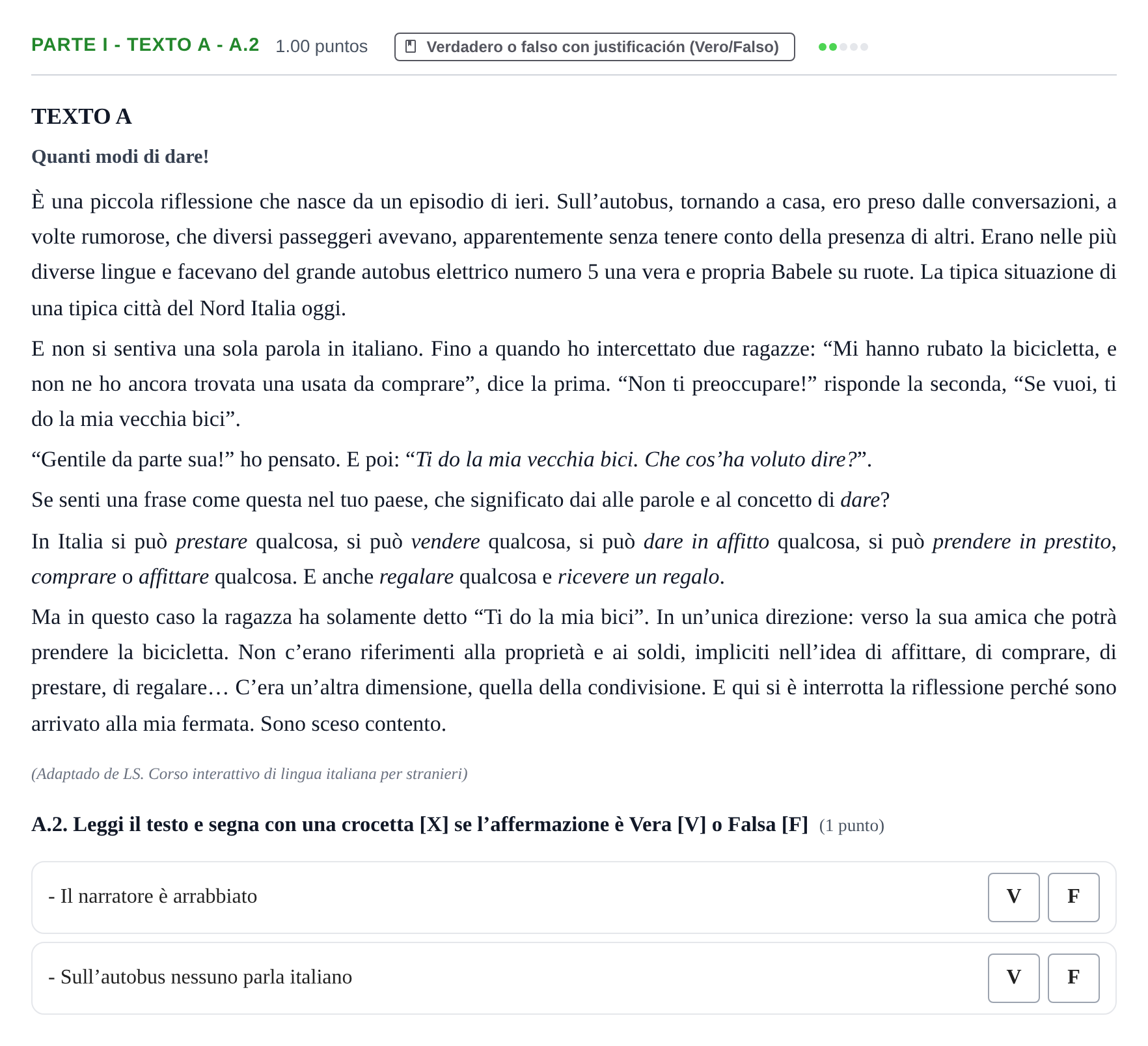 Enunciado: Ejercicio Parte I - Texto A - A.2 · Italiano PAU Castilla y León Extraordinaria (Fase Mejora de Nota) 2022