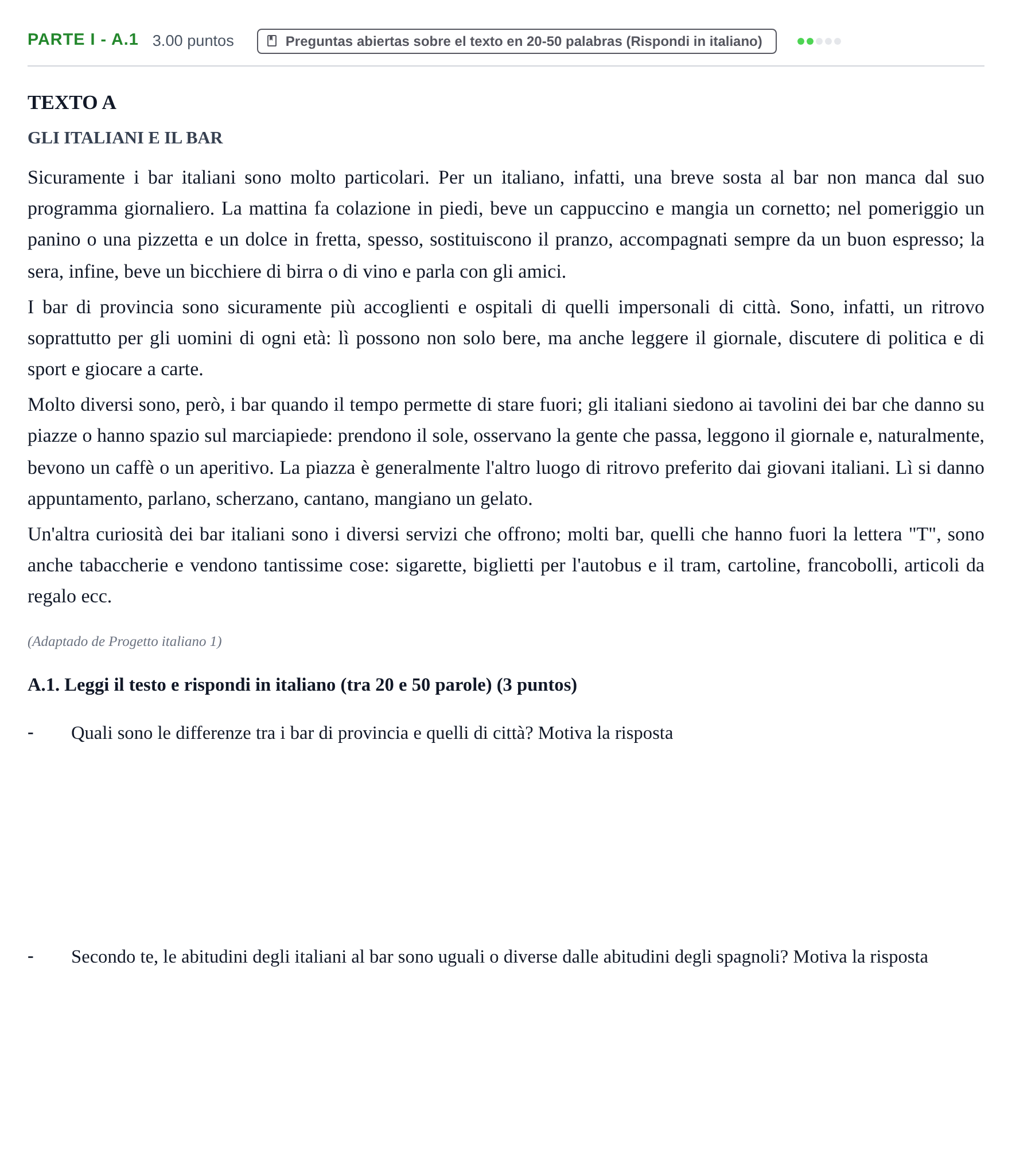 Enunciado: Ejercicio Parte I - A.1 · Italiano PAU Castilla y León Ordinaria (Fase Mejora de Nota) 2022