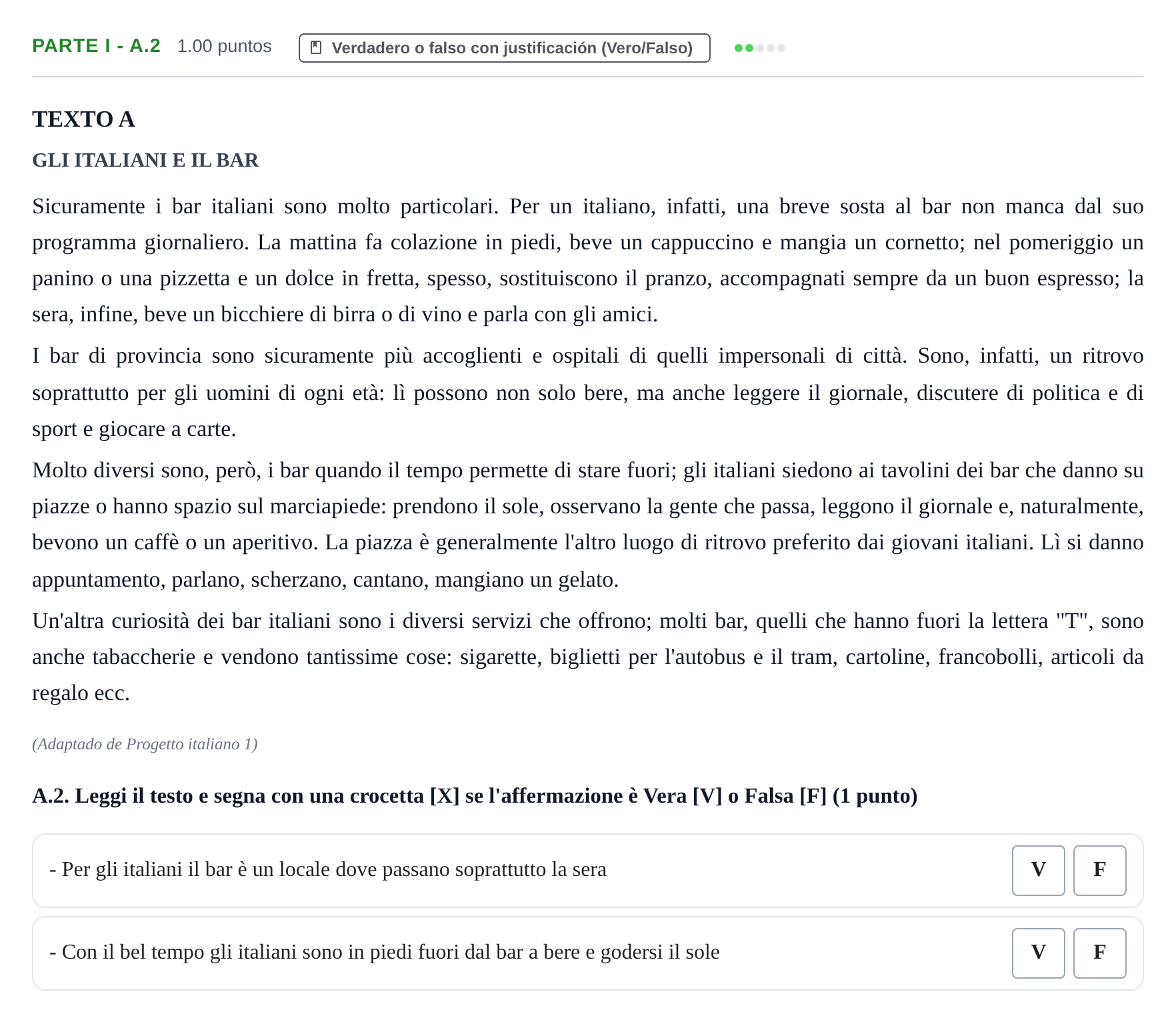 Enunciado: Ejercicio Parte I - A.2 · Italiano PAU Castilla y León Ordinaria (Fase Mejora de Nota) 2022