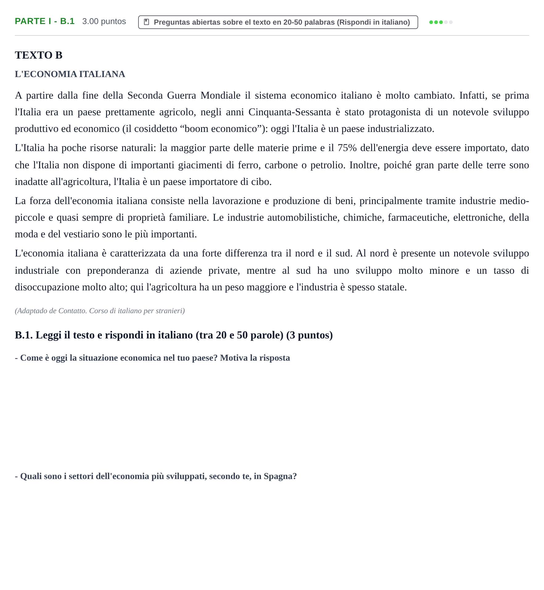Enunciado: Ejercicio Parte I - B.1 · Italiano PAU Castilla y León Ordinaria (Fase Mejora de Nota) 2022