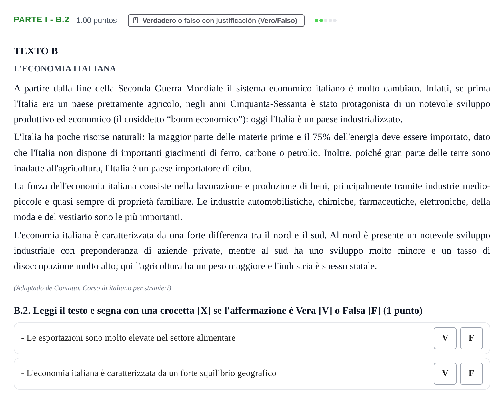 Enunciado: Ejercicio Parte I - B.2 · Italiano PAU Castilla y León Ordinaria (Fase Mejora de Nota) 2022
