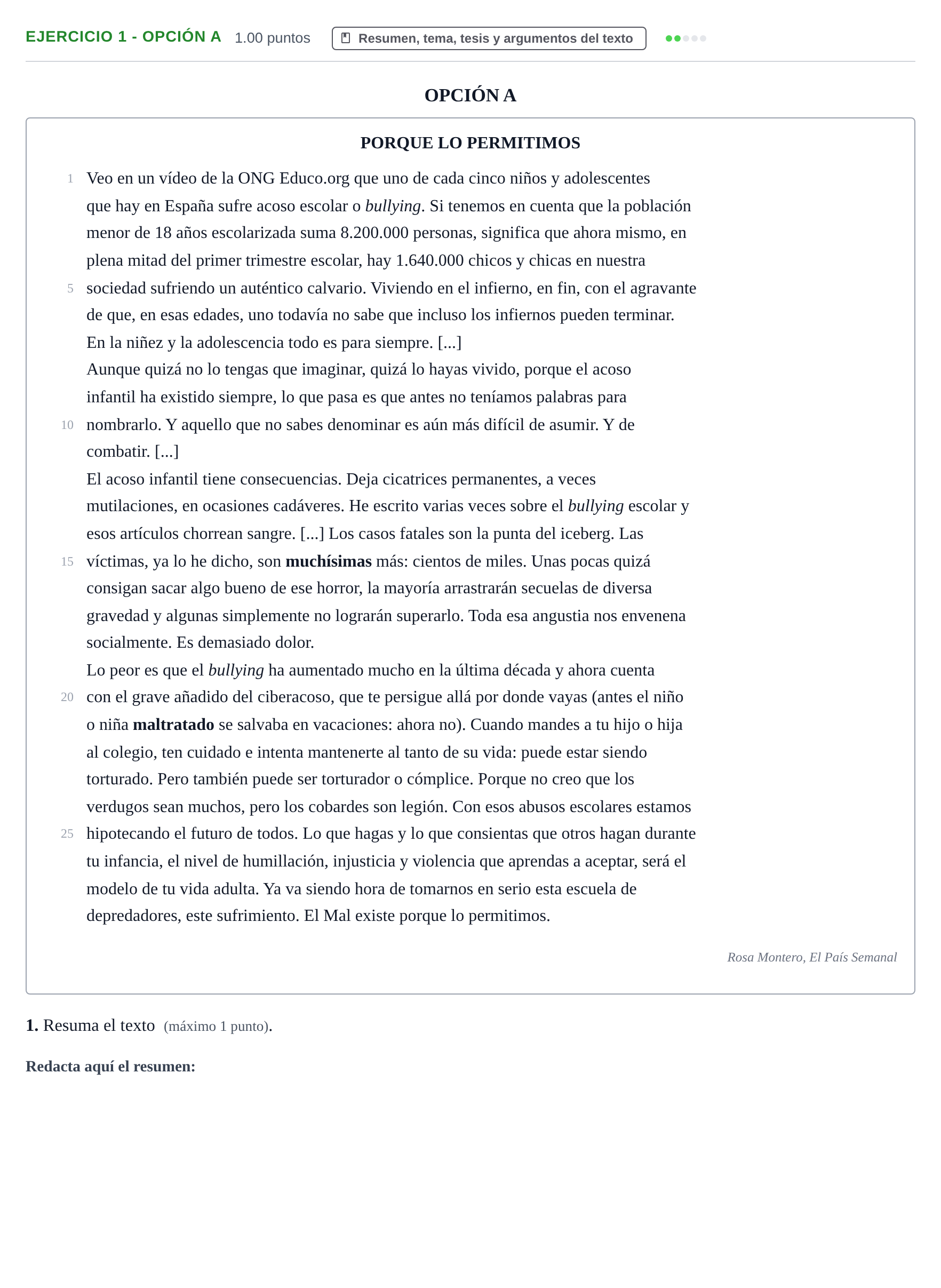 Enunciado: Ejercicio 1 - Opción A · Lengua Castellana y Literatura II PAU Castilla y León Ordinaria 2022