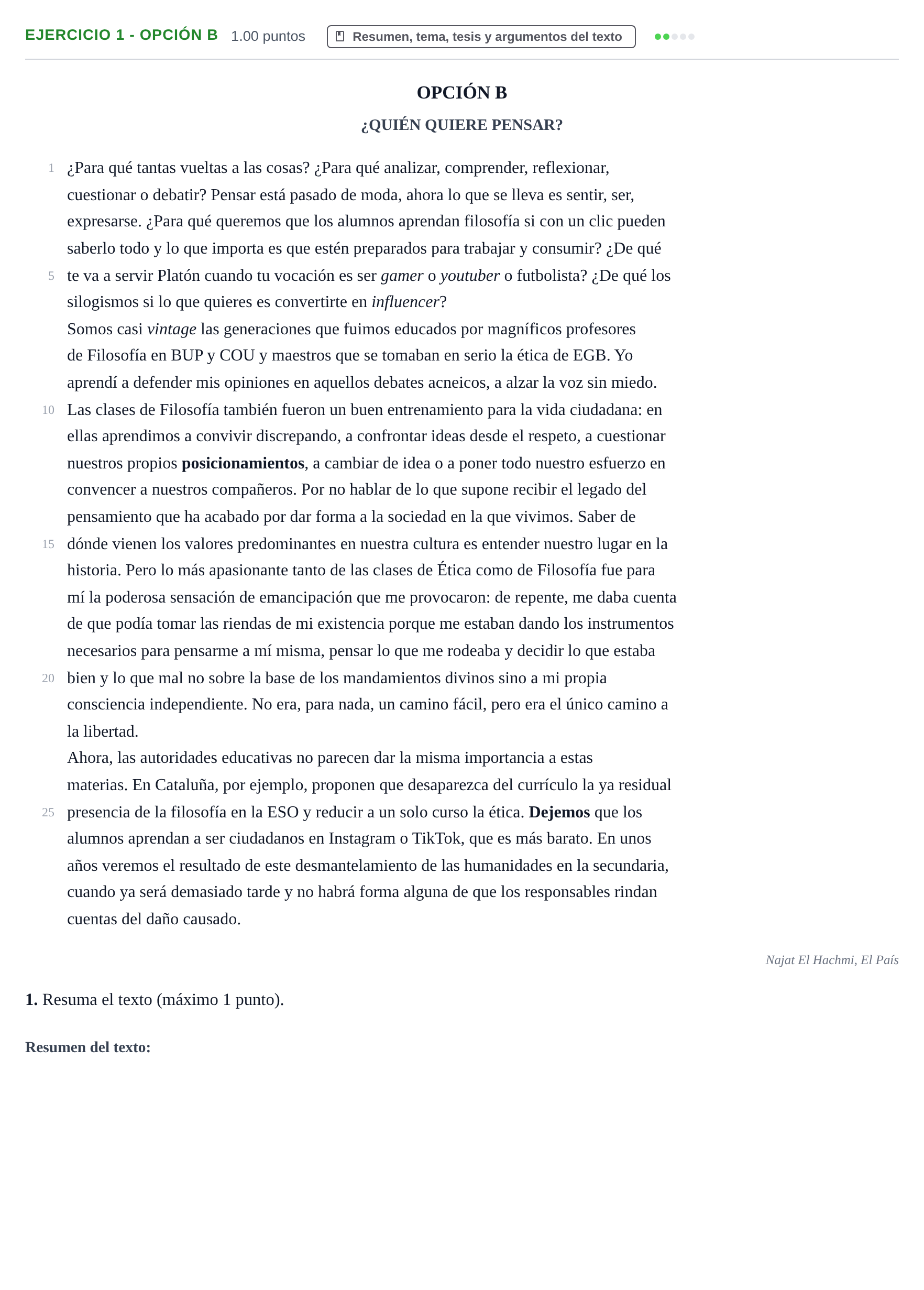 Enunciado: Ejercicio 1 - Opción B · Lengua Castellana y Literatura II PAU Castilla y León Ordinaria 2022