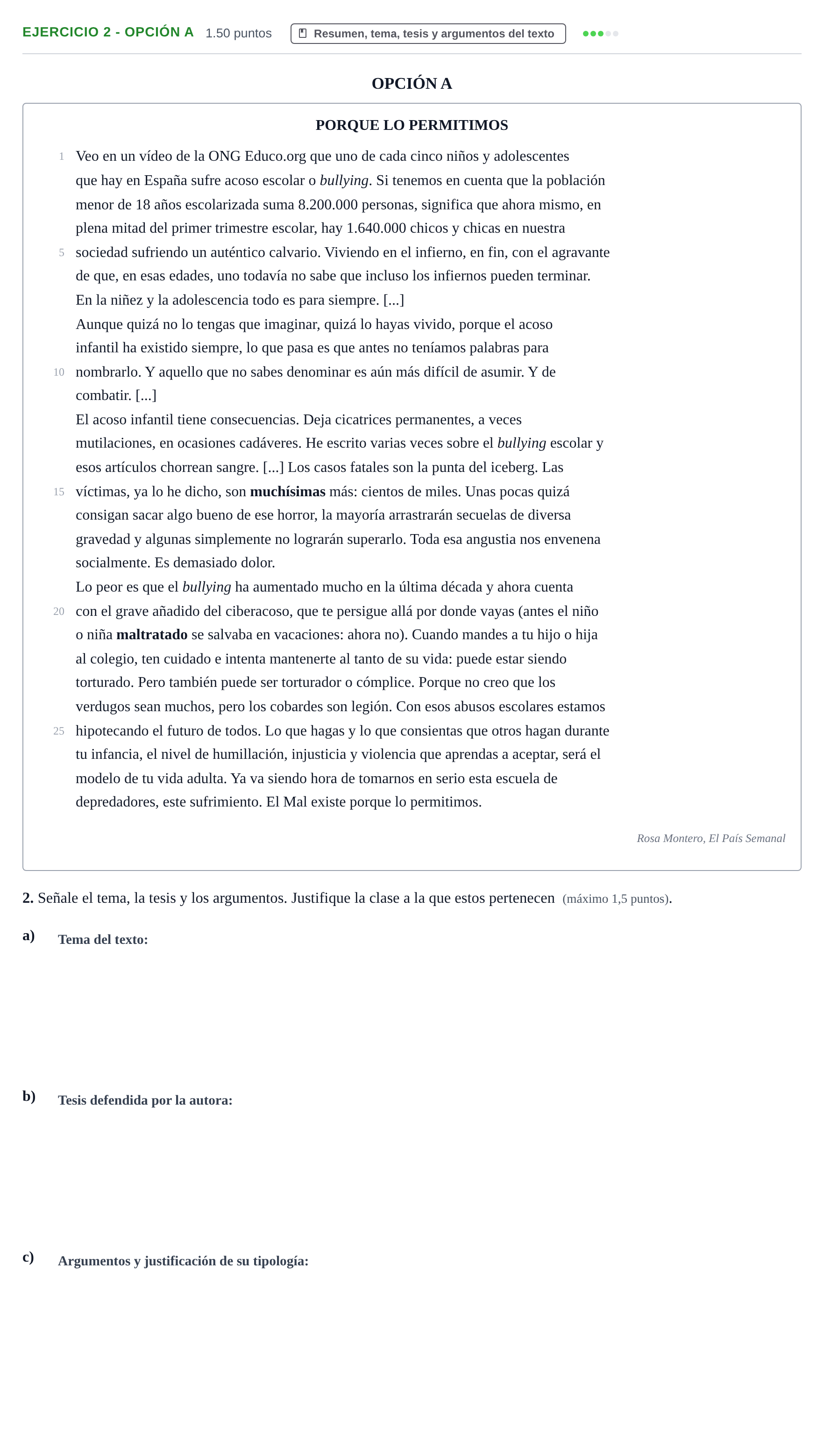 Enunciado: Ejercicio 2 - Opción A · Lengua Castellana y Literatura II PAU Castilla y León Ordinaria 2022
