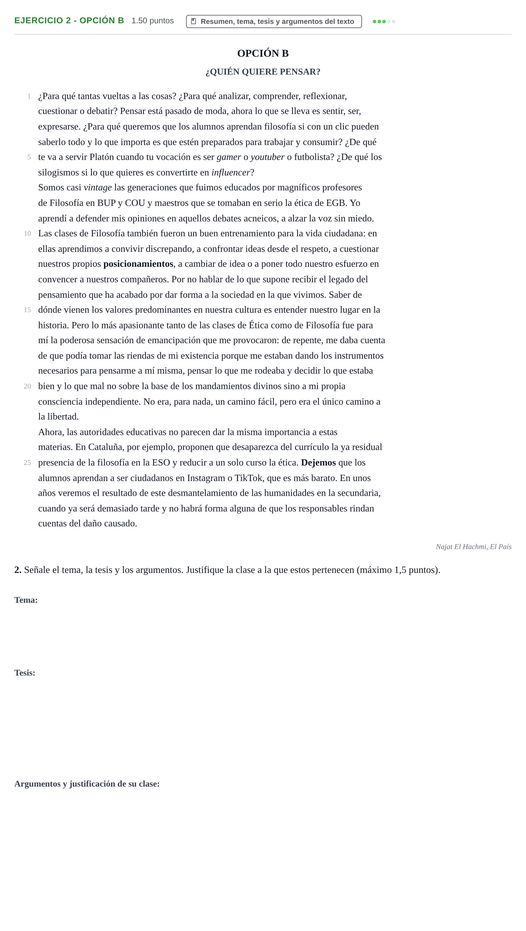 Enunciado: Ejercicio 2 - Opción B · Lengua Castellana y Literatura II PAU Castilla y León Ordinaria 2022