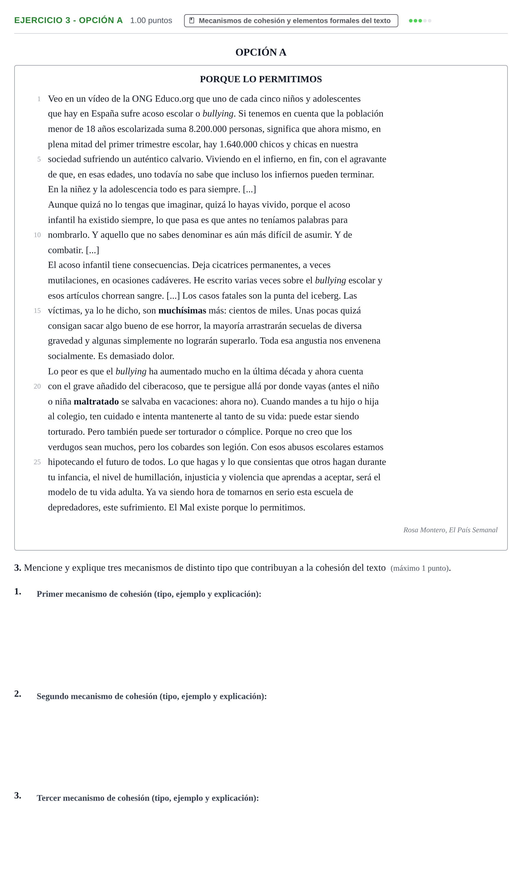 Enunciado: Ejercicio 3 - Opción A · Lengua Castellana y Literatura II PAU Castilla y León Ordinaria 2022