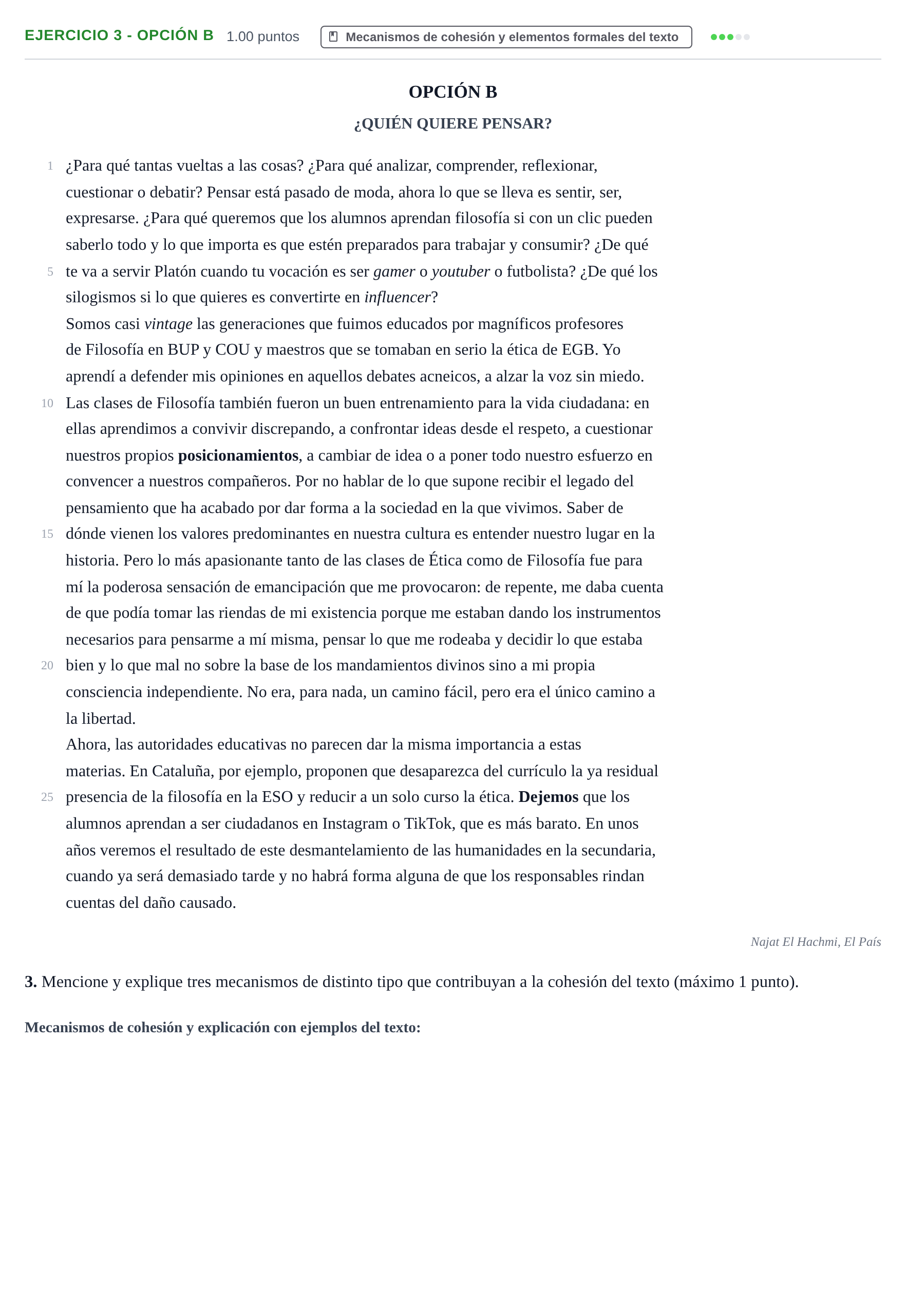 Enunciado: Ejercicio 3 - Opción B · Lengua Castellana y Literatura II PAU Castilla y León Ordinaria 2022
