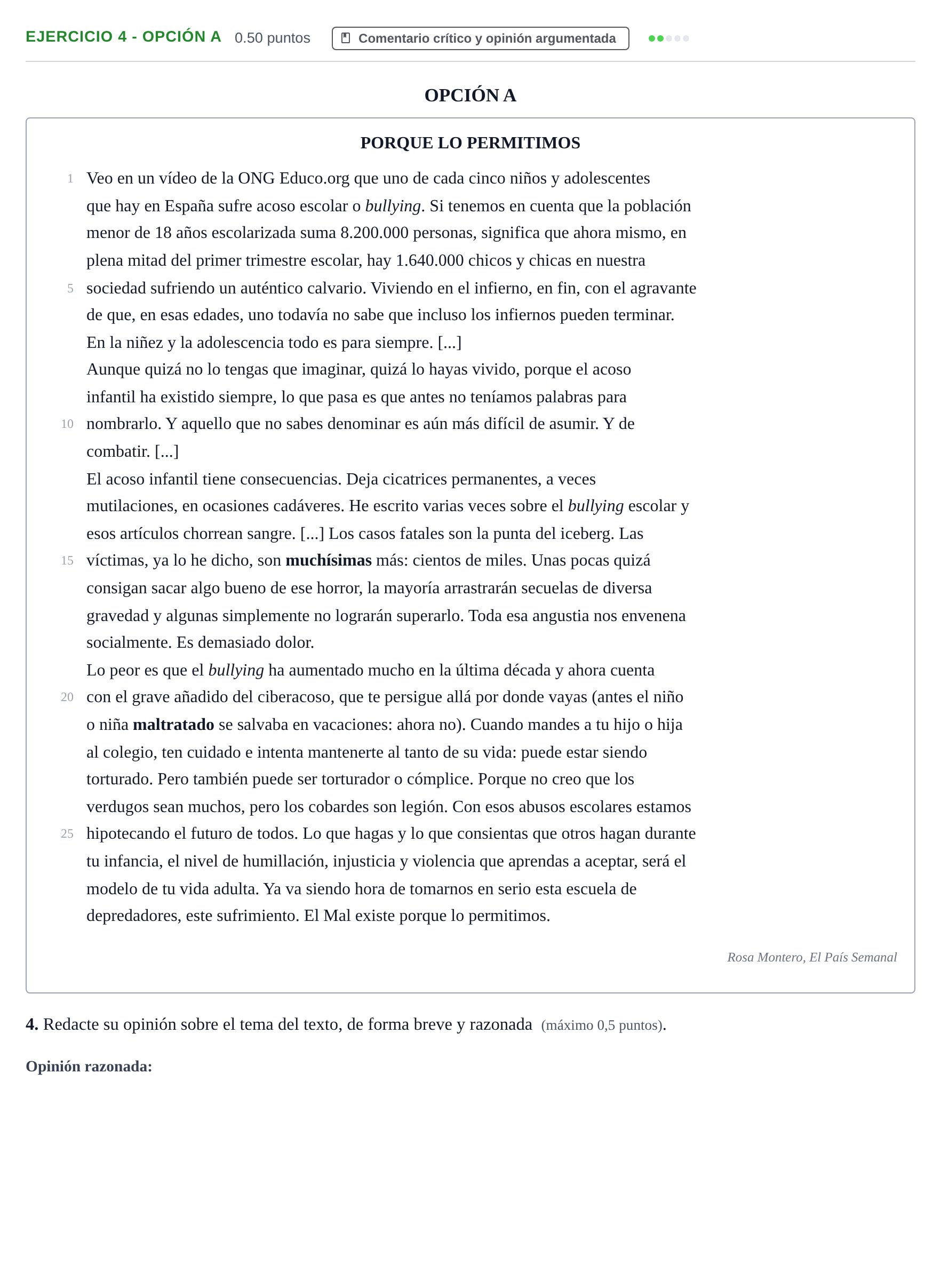 Enunciado: Ejercicio 4 - Opción A · Lengua Castellana y Literatura II PAU Castilla y León Ordinaria 2022
