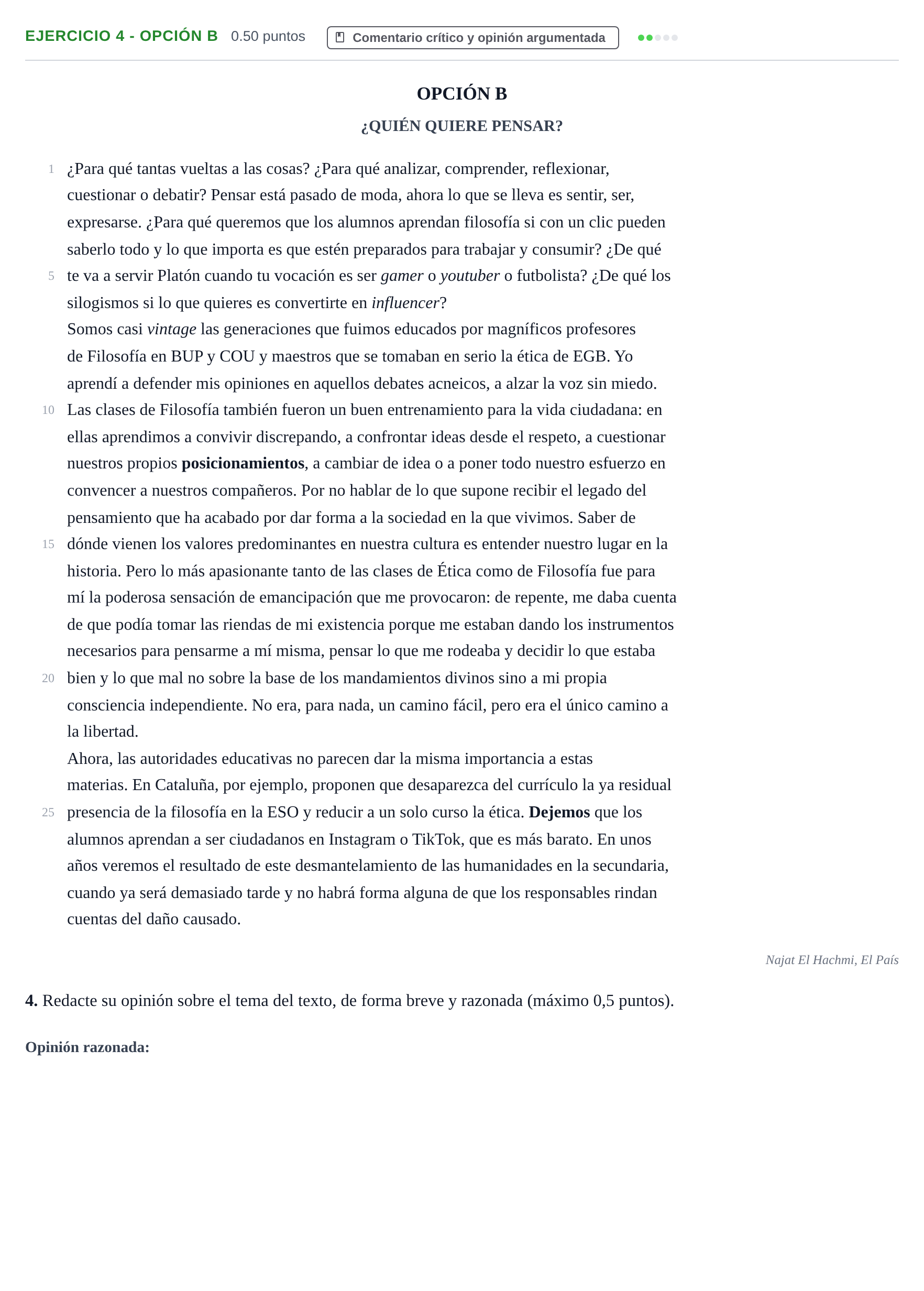 Enunciado: Ejercicio 4 - Opción B · Lengua Castellana y Literatura II PAU Castilla y León Ordinaria 2022