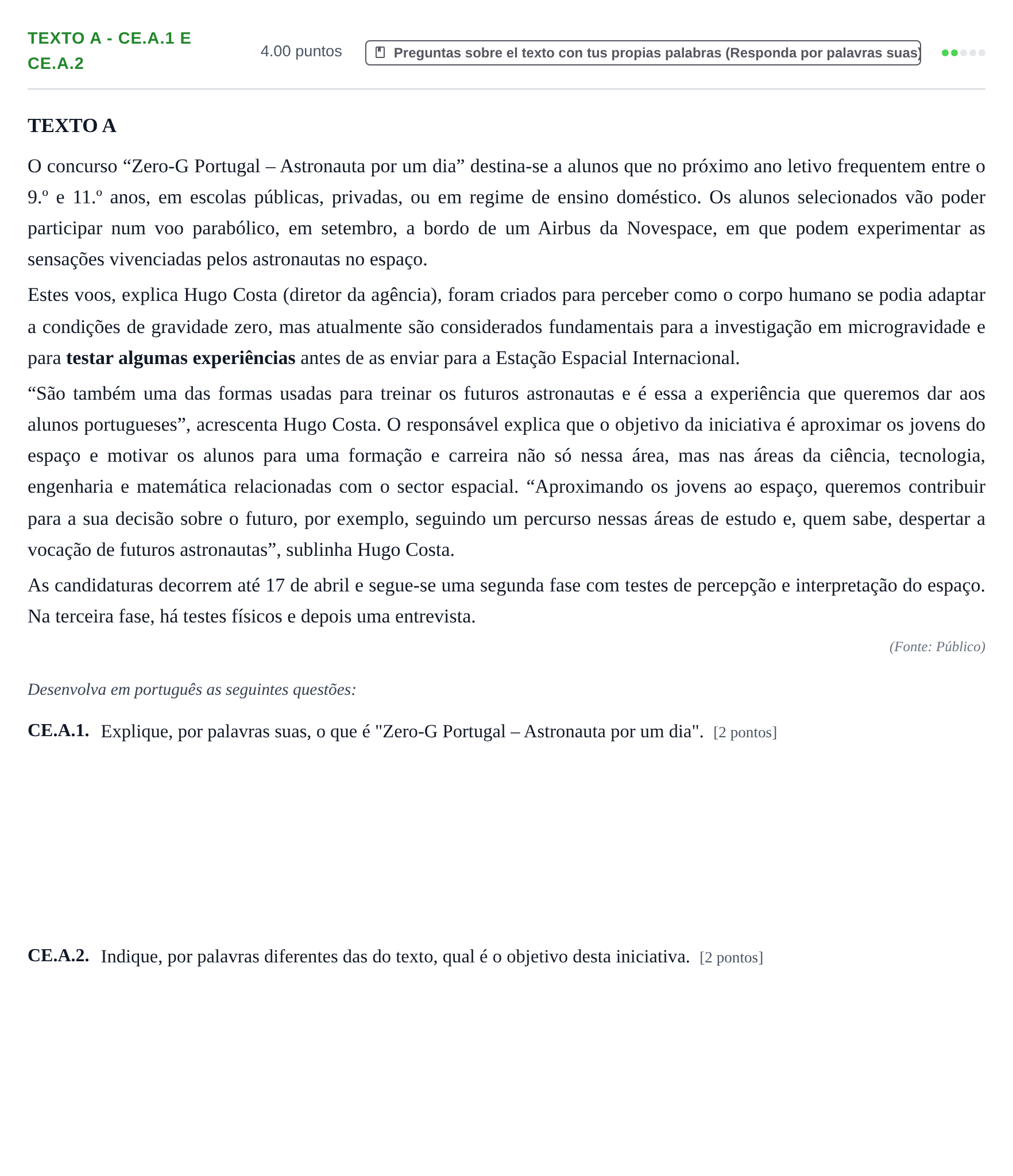 Enunciado: Ejercicio Texto A - CE.A.1 e CE.A.2 · Portugués PAU Castilla y León Extraordinaria 2022