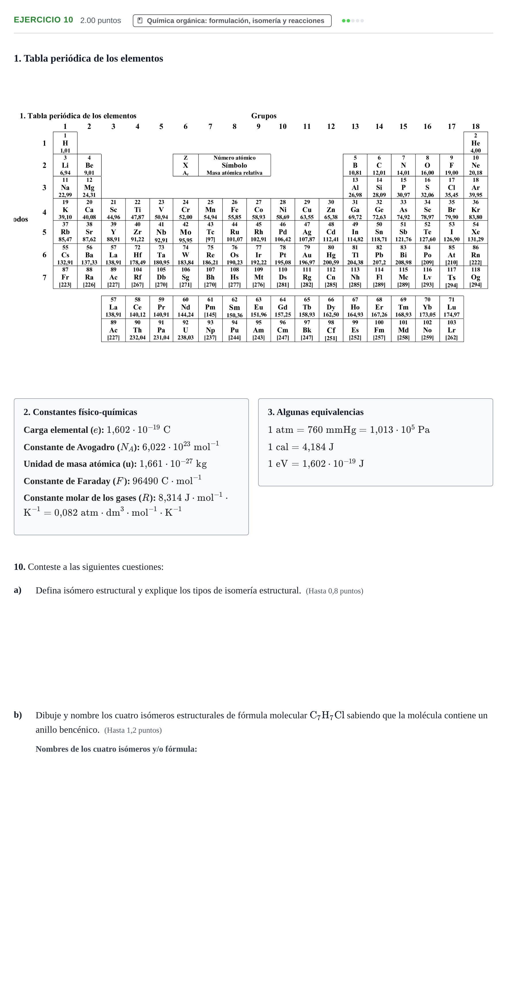 Enunciado: Problema 10 · Química PAU Castilla y León Ordinaria 2022