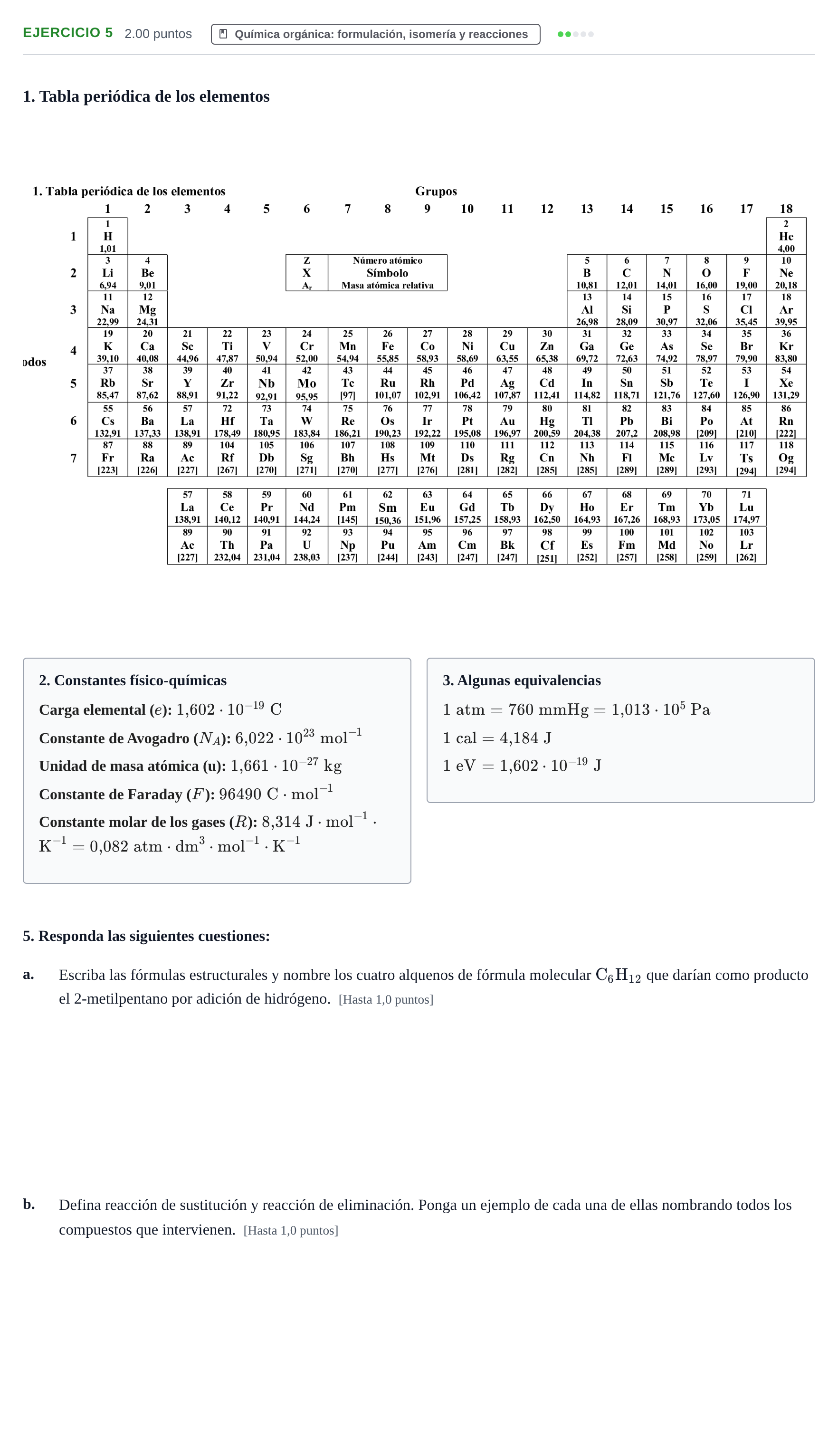 Enunciado: Problema 5 · Química PAU Castilla y León Ordinaria 2022
