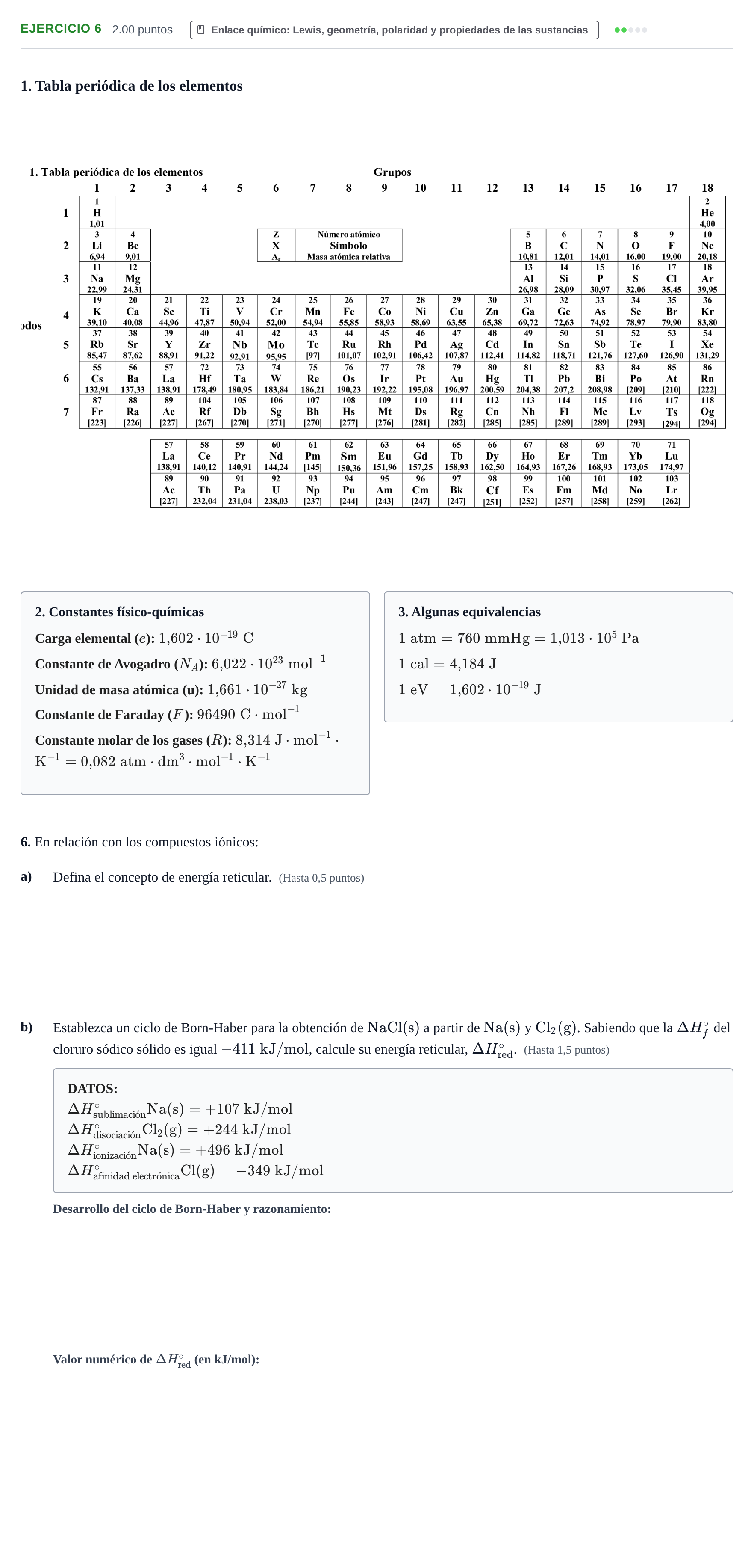 Enunciado: Problema 6 · Química PAU Castilla y León Ordinaria 2022