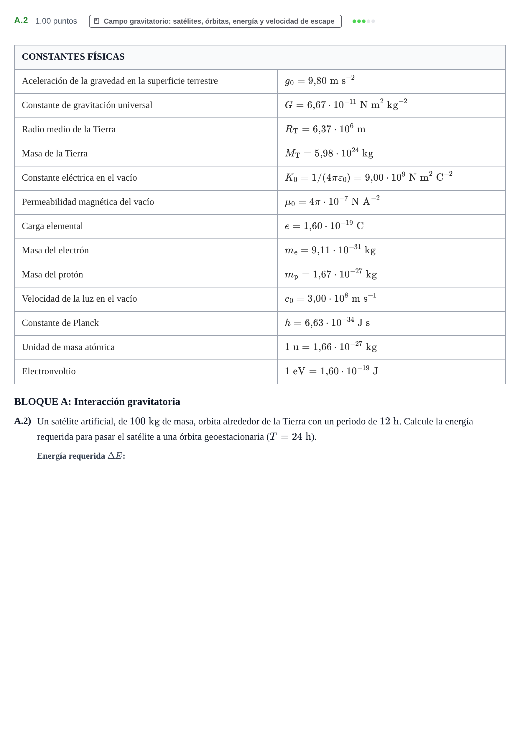 Enunciado: Ejercicio A.2 · Física PAU Castilla y León Extraordinaria 2021