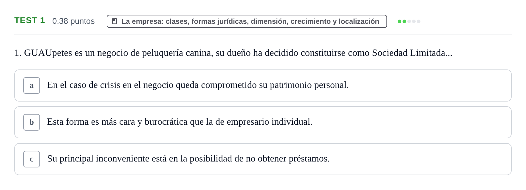Enunciado: Ejercicio Test 1 · Empresa y Diseño de Modelos de Negocio PAU Castilla y León Ordinaria 2021
