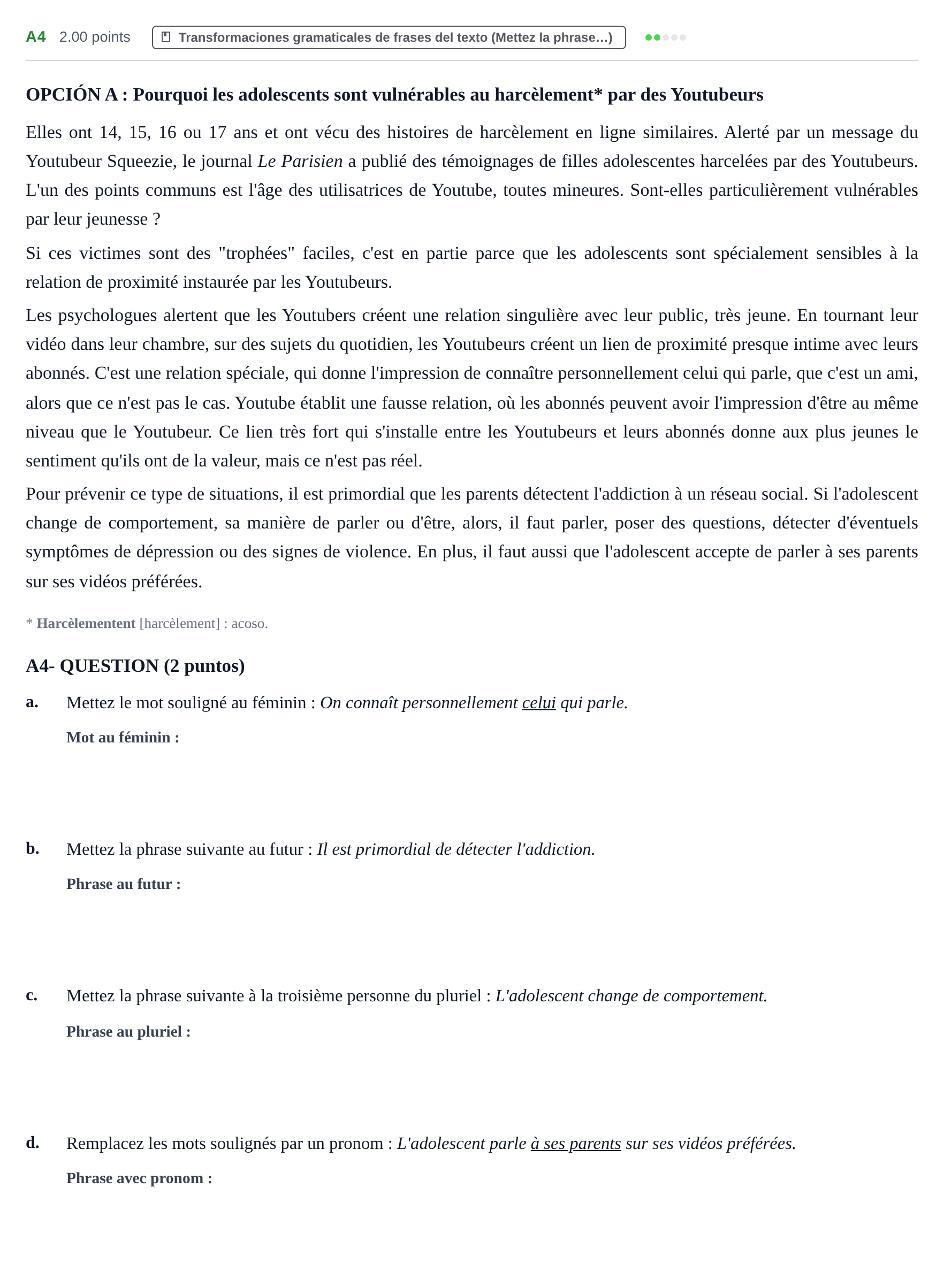 Enunciado: Ejercicio A4 · Francés PAU Castilla y León Extraordinaria 2021