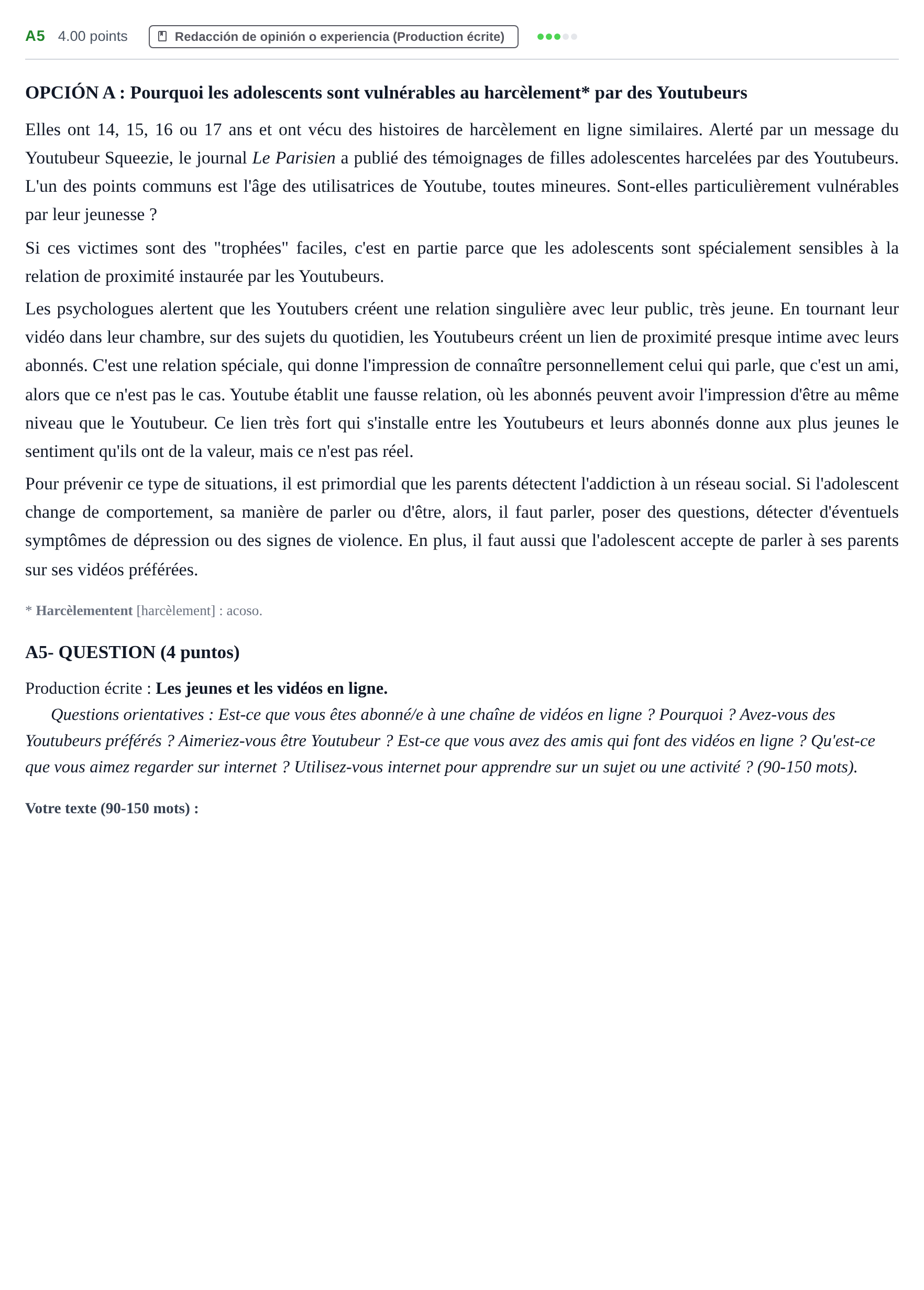 Enunciado: Ejercicio A5 · Francés PAU Castilla y León Extraordinaria 2021