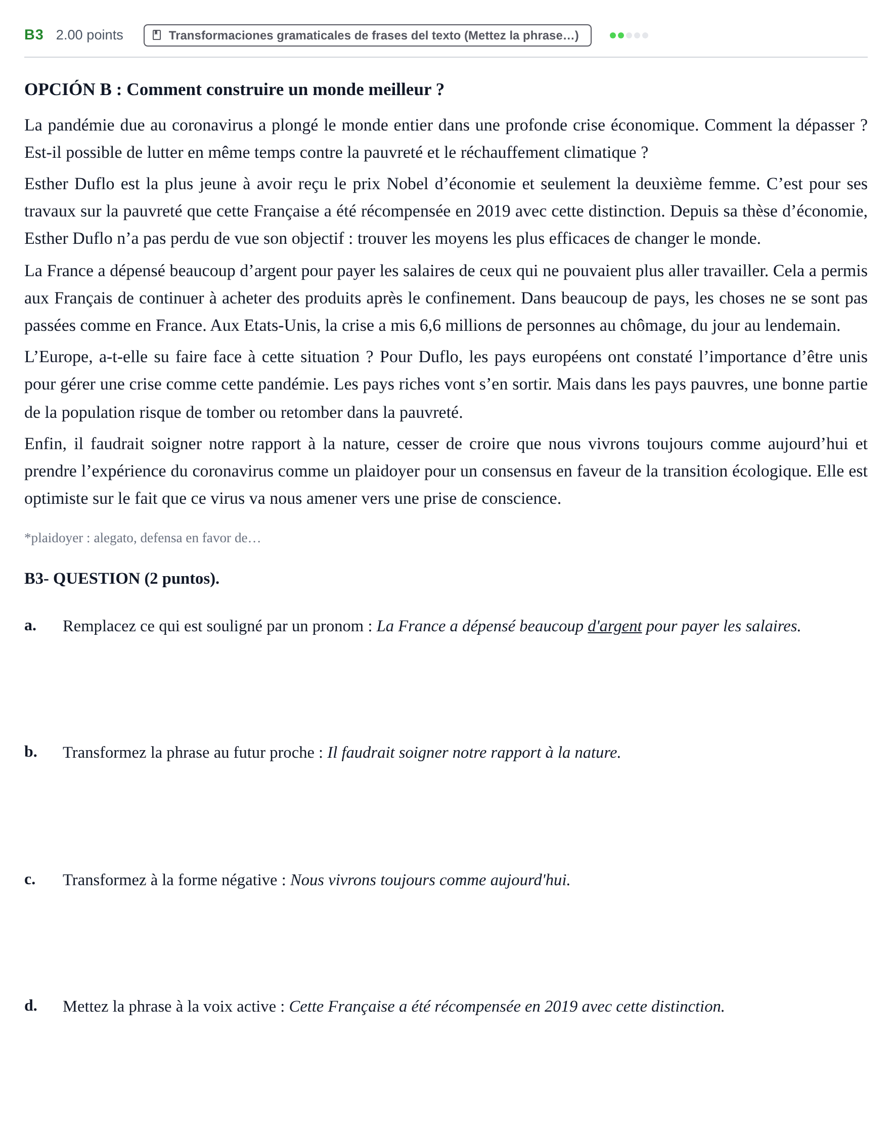 Enunciado: Ejercicio B3 · Francés PAU Castilla y León Extraordinaria 2021