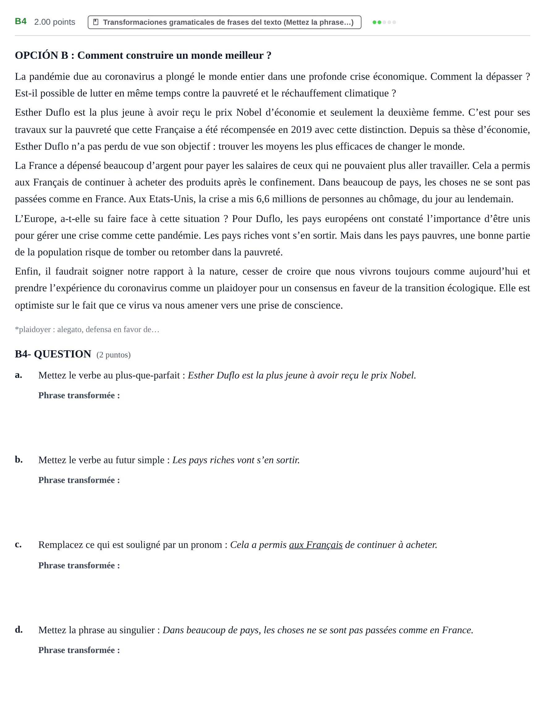 Enunciado: Ejercicio B4 · Francés PAU Castilla y León Extraordinaria 2021