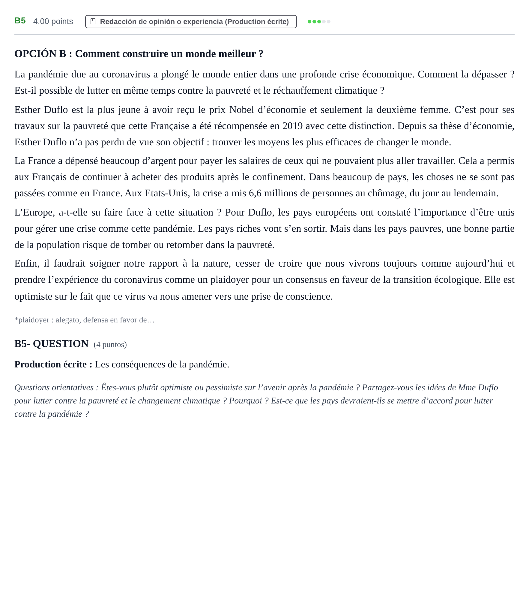 Enunciado: Ejercicio B5 · Francés PAU Castilla y León Extraordinaria 2021