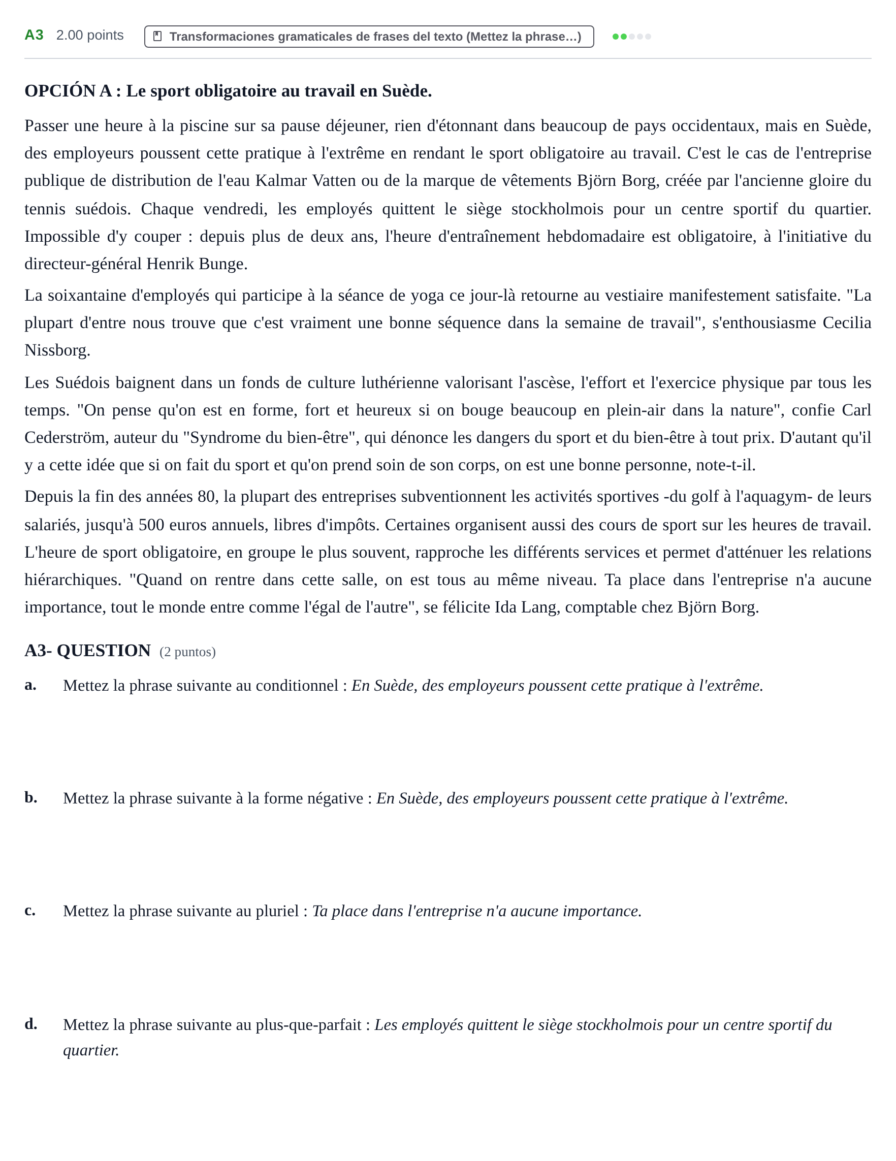 Enunciado: Ejercicio A3 · Francés PAU Castilla y León Extraordinaria (Fase Mejora de Nota) 2021